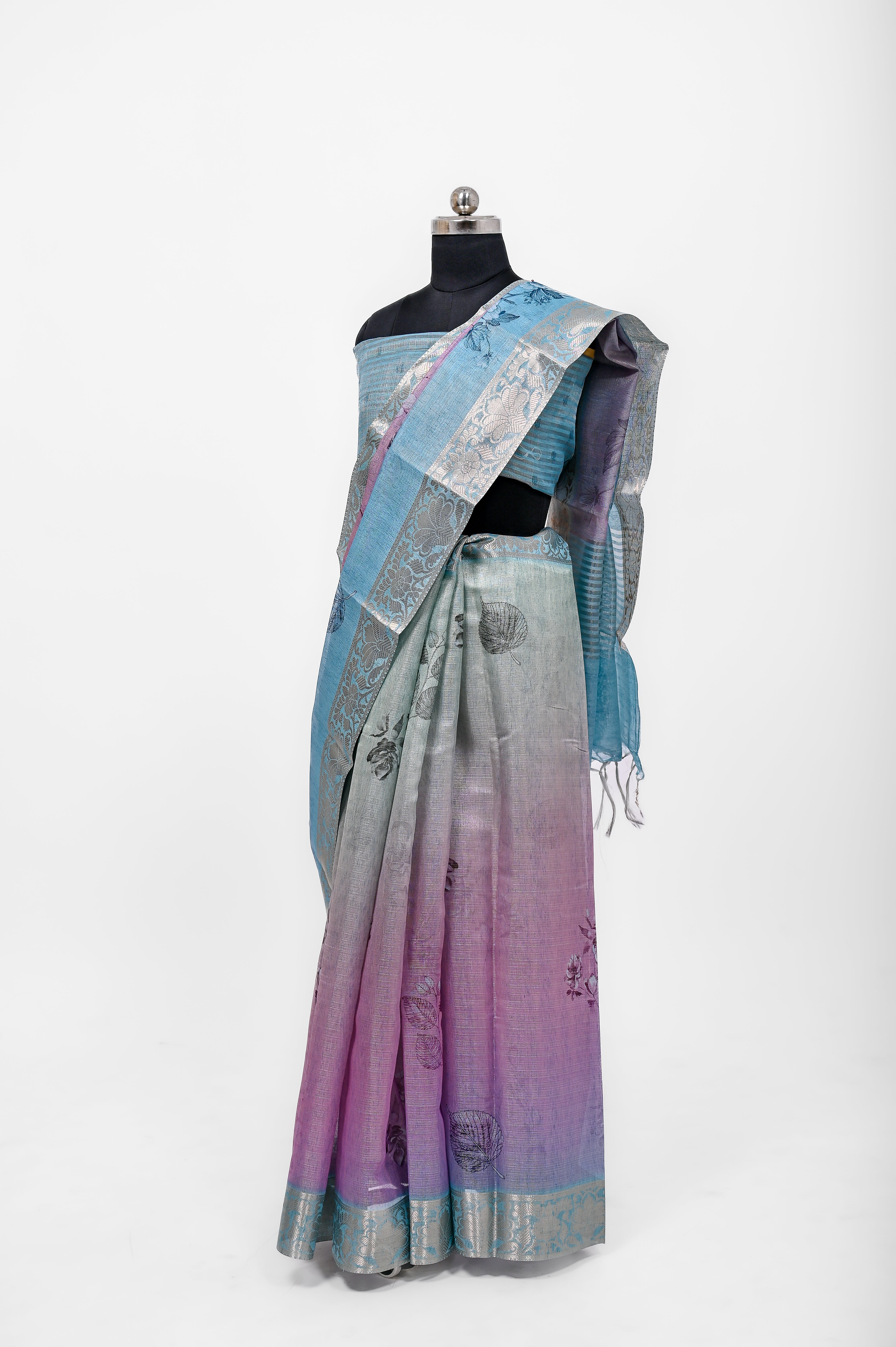 Pure Lilen Tissue Silk Digital Print Saree Firozi & Light Purple