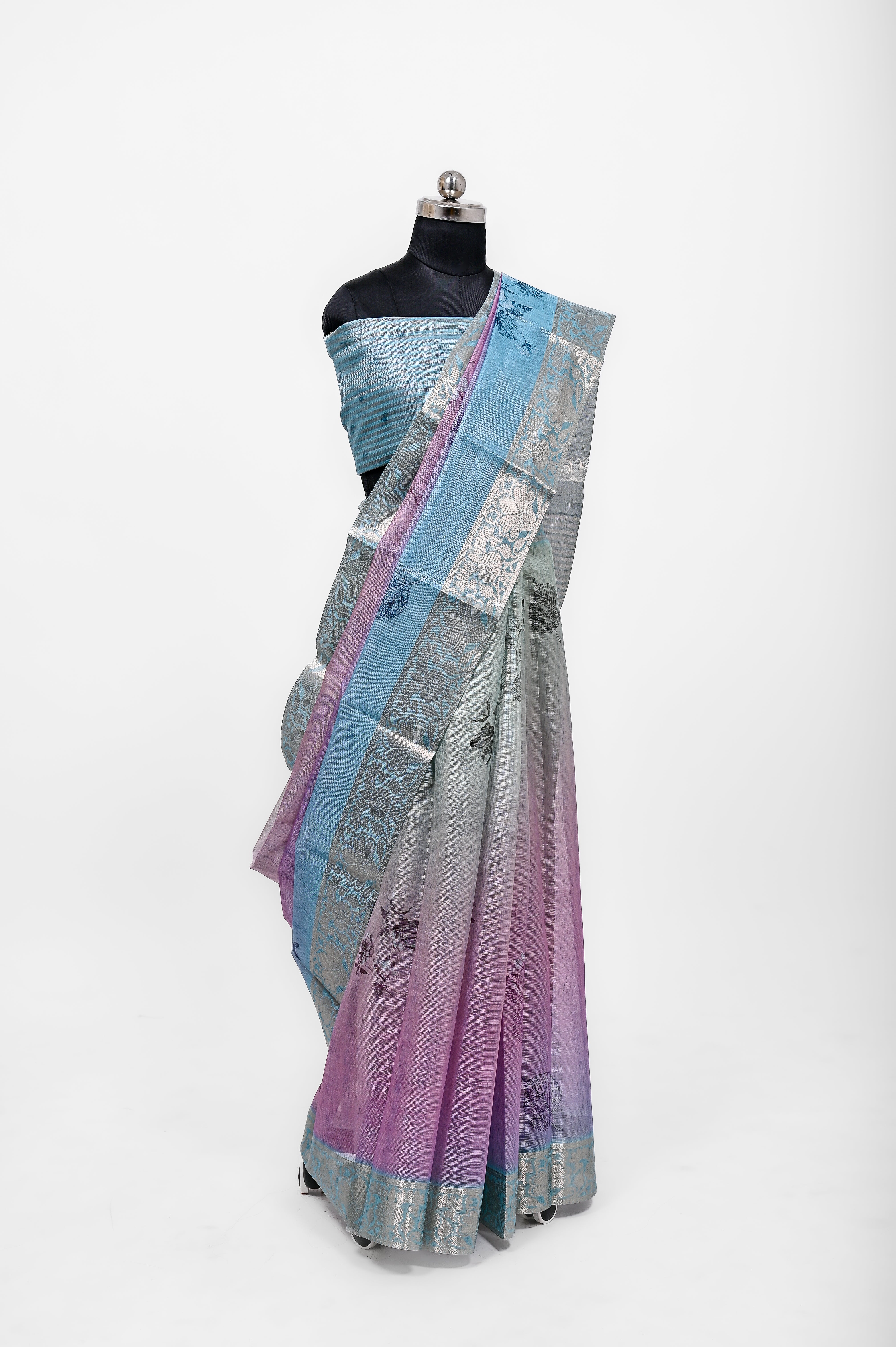 Pure Lilen Tissue Silk Digital Print Saree Firozi & Light Purple