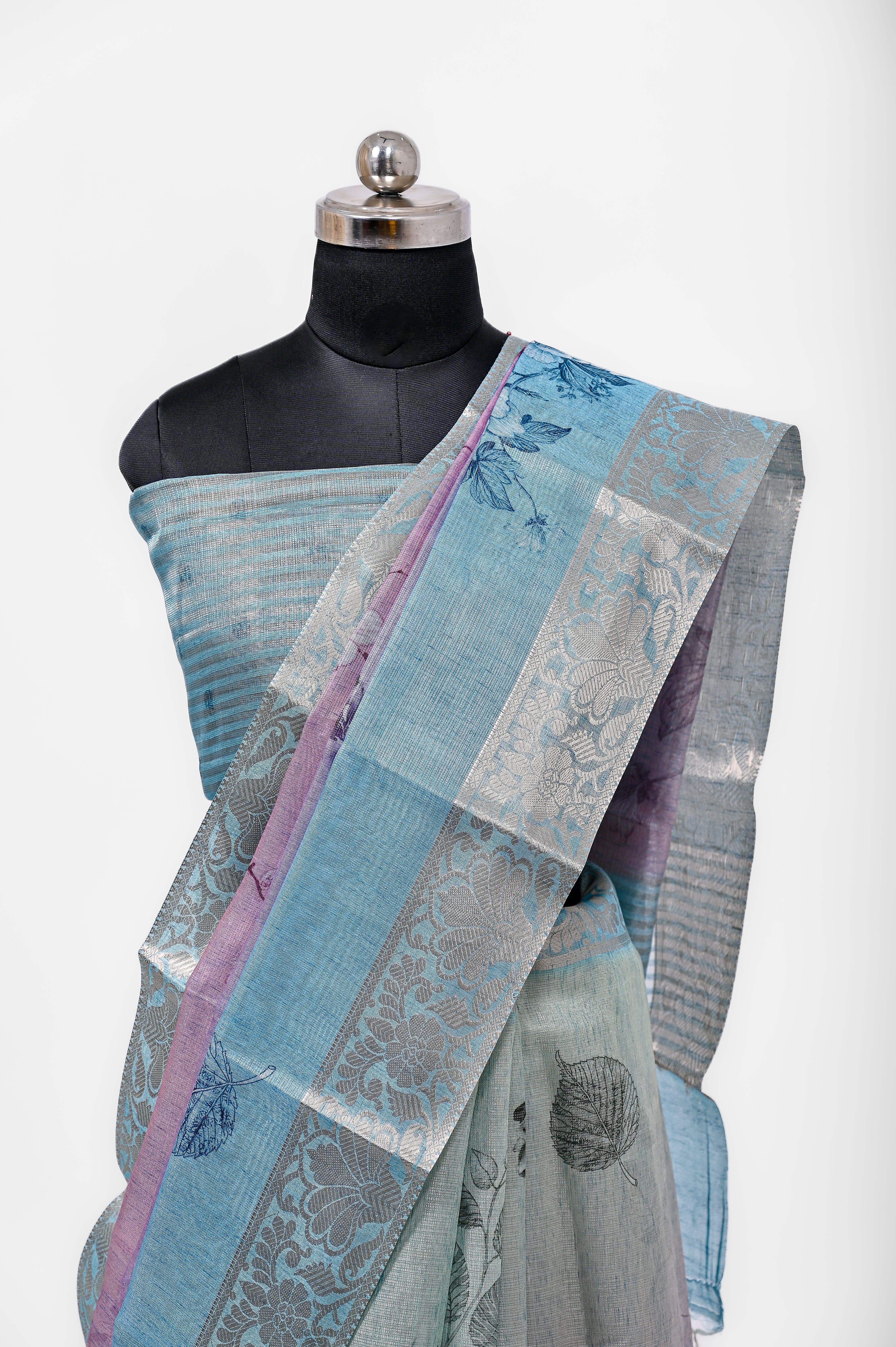 Pure Lilen Tissue Silk Digital Print Saree Firozi & Light Purple