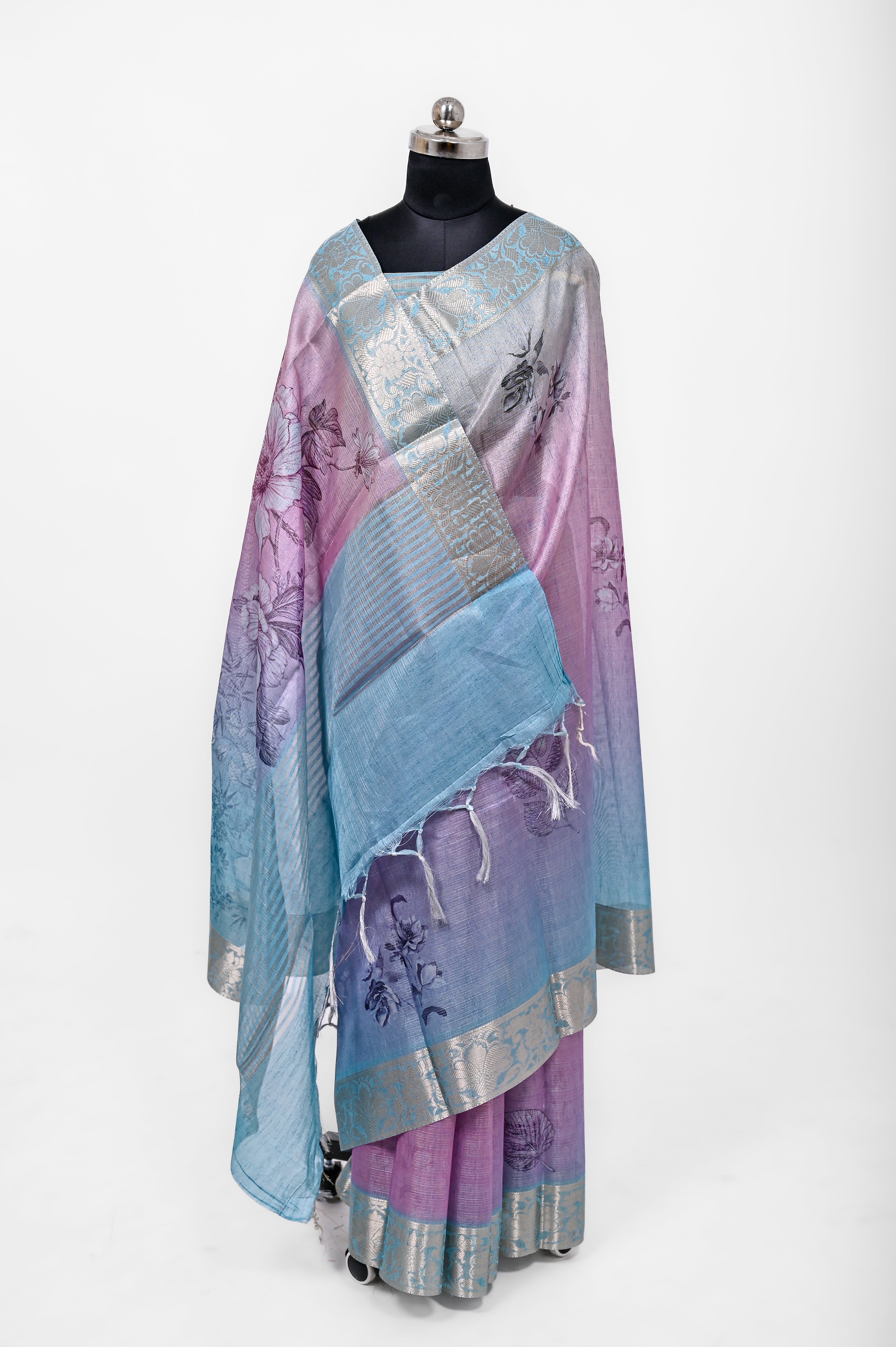 Pure Lilen Tissue Silk Digital Print Saree Firozi & Light Purple