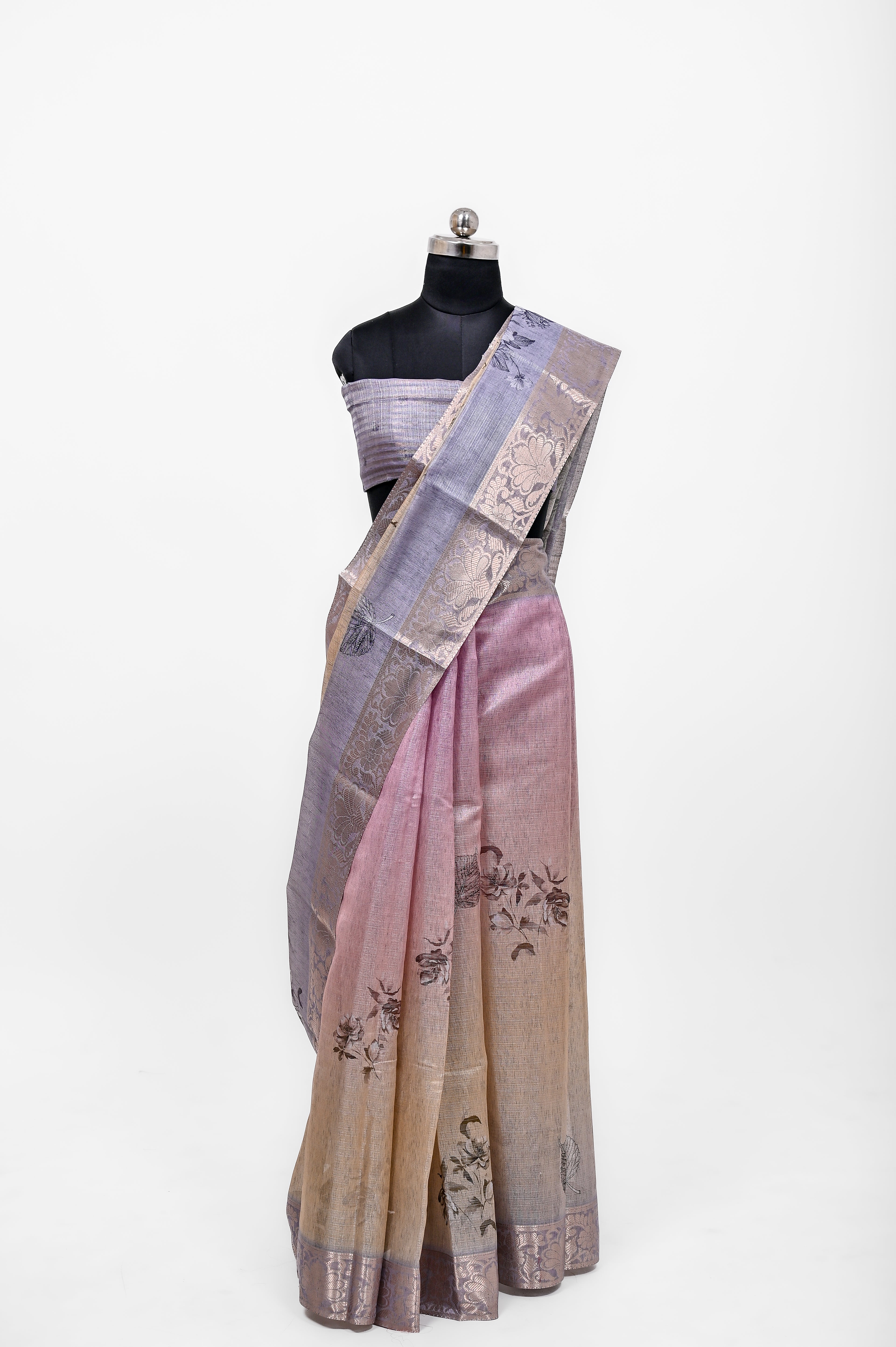 Pure Lilen Tissue Silk Digital Print Saree Grey & Purple