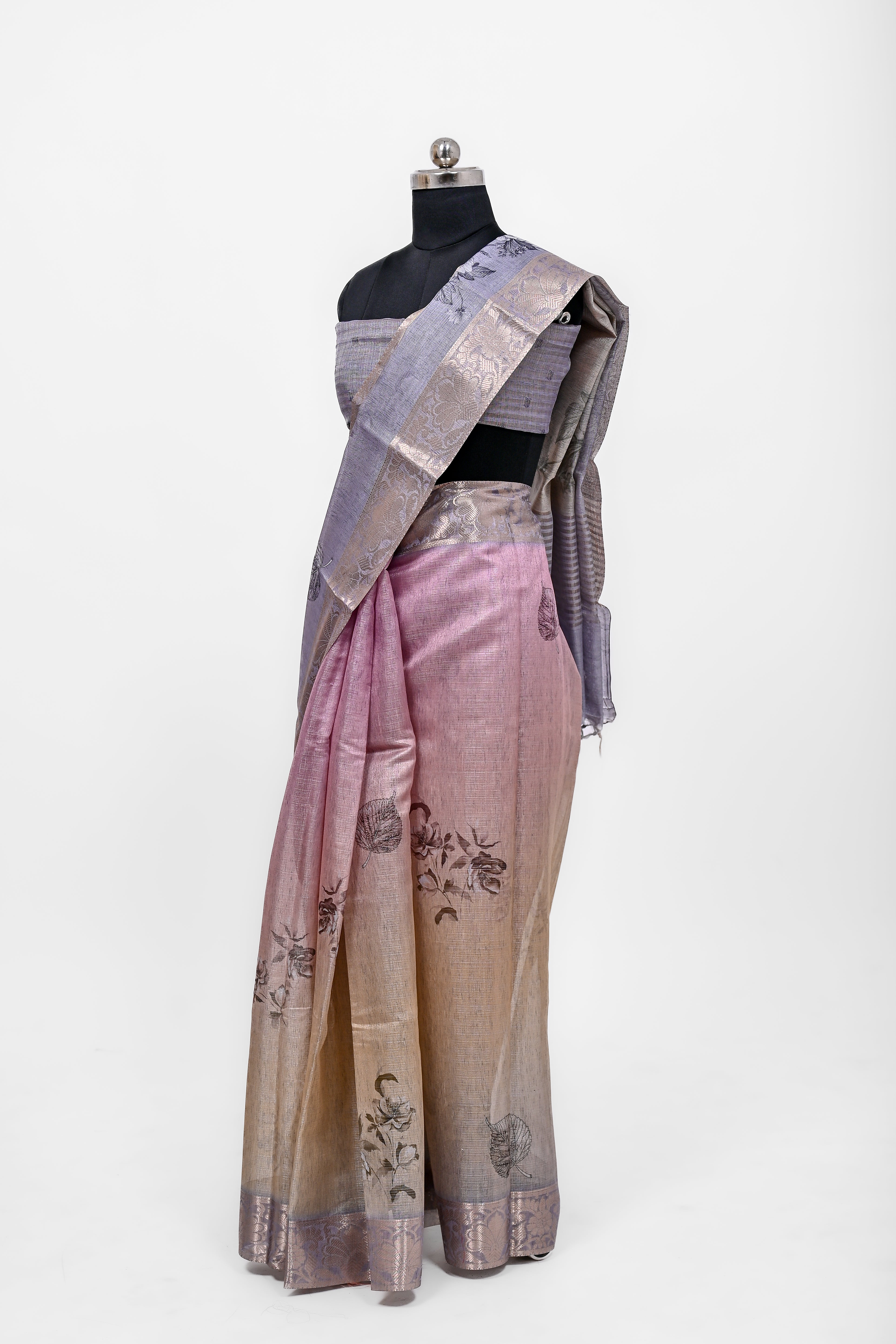 Pure Lilen Tissue Silk Digital Print Saree Grey & Purple