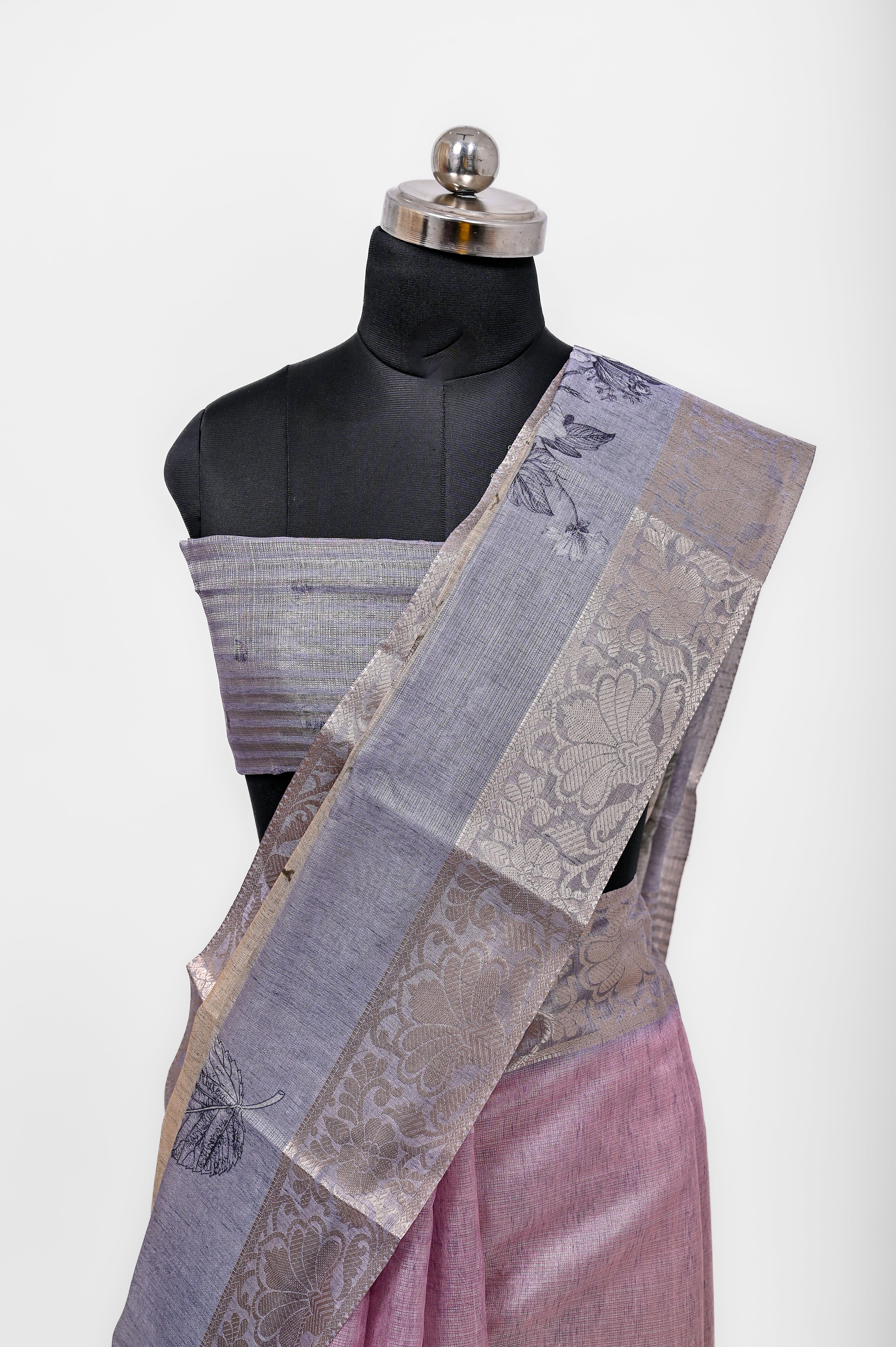 Pure Lilen Tissue Silk Digital Print Saree Grey & Purple