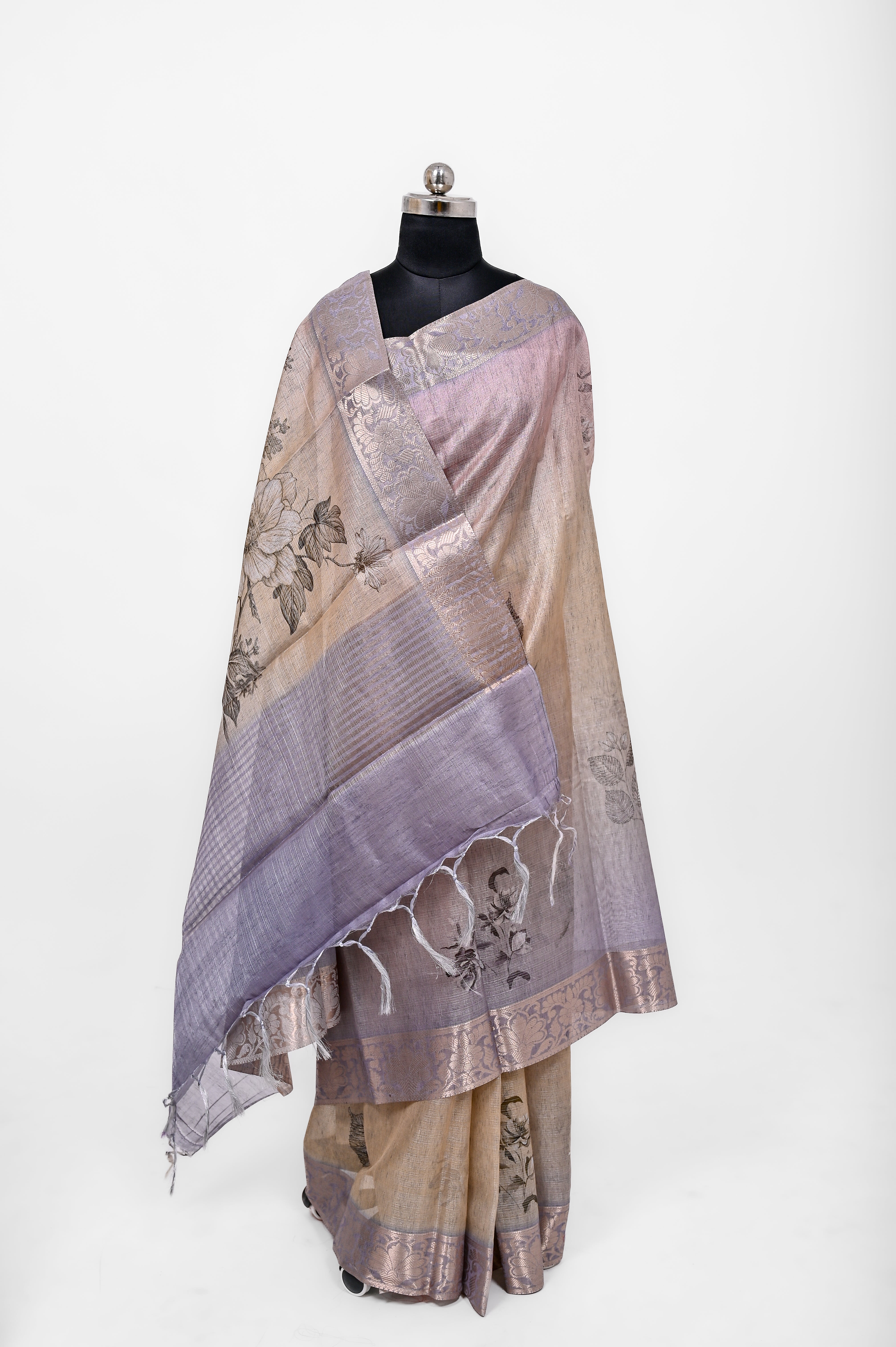 Pure Lilen Tissue Silk Digital Print Saree Grey & Purple