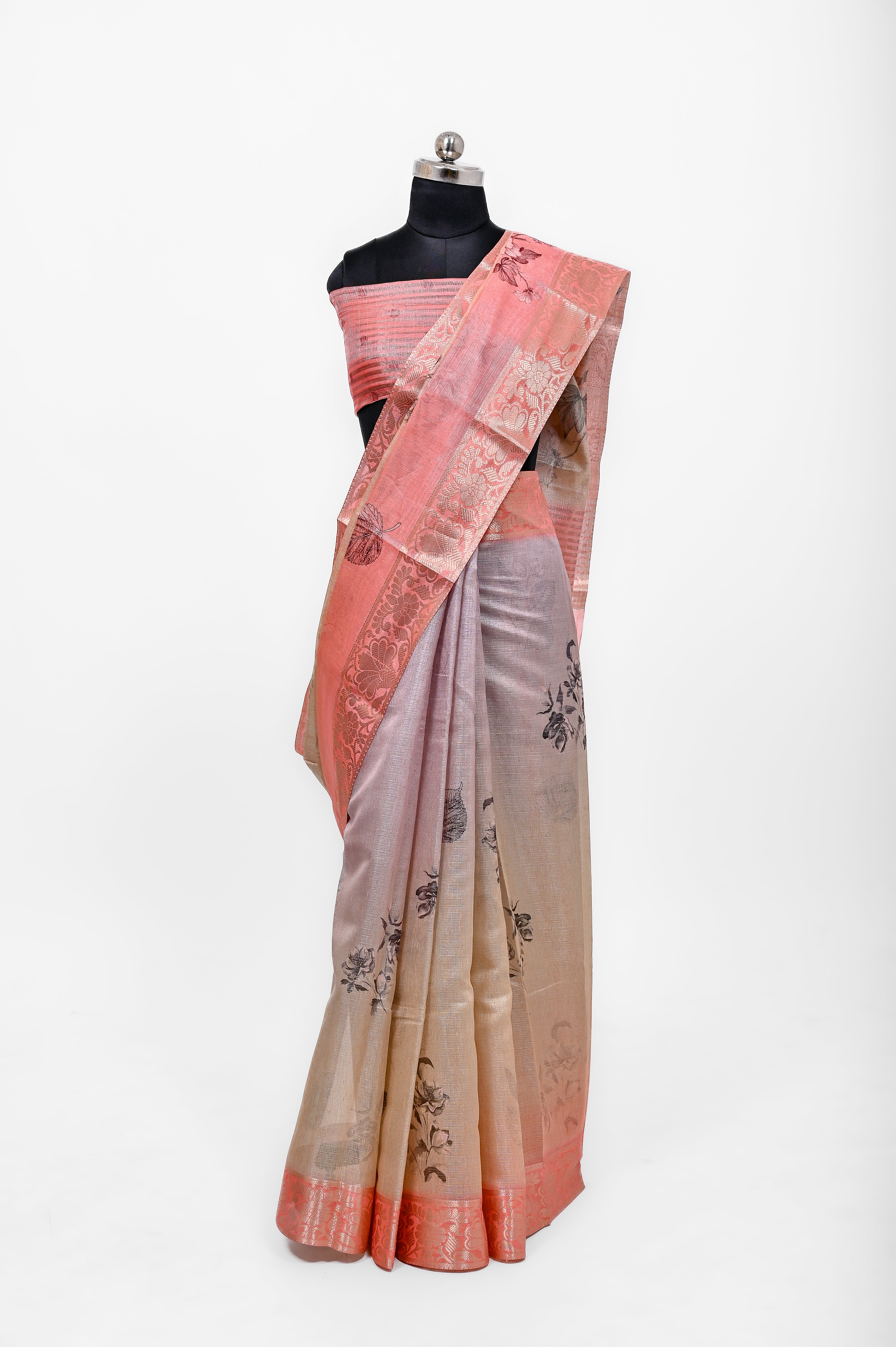 Pure Lilen Tissue Silk Digital Print Saree Orange & Grey