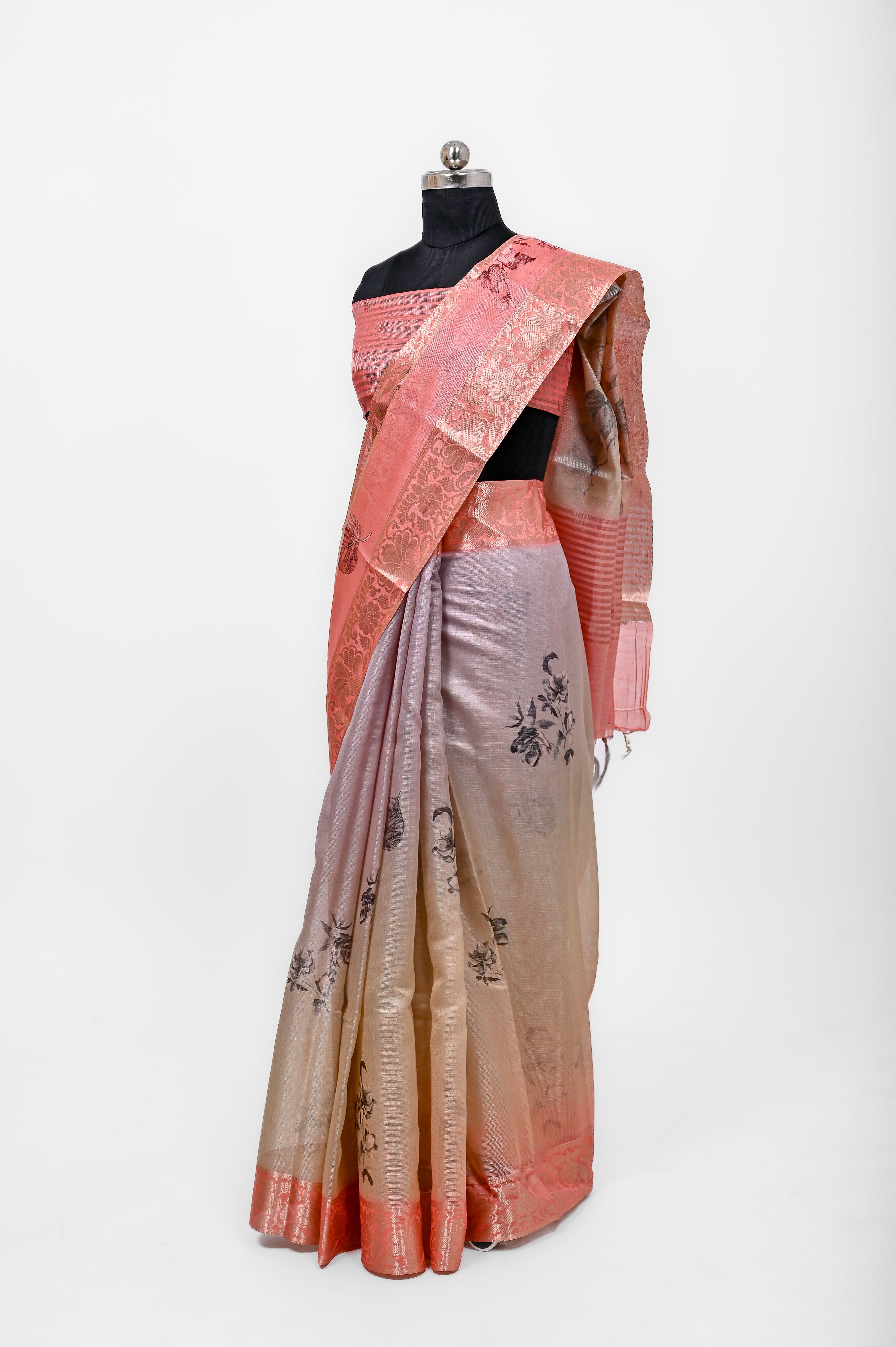 Pure Lilen Tissue Silk Digital Print Saree Orange & Grey