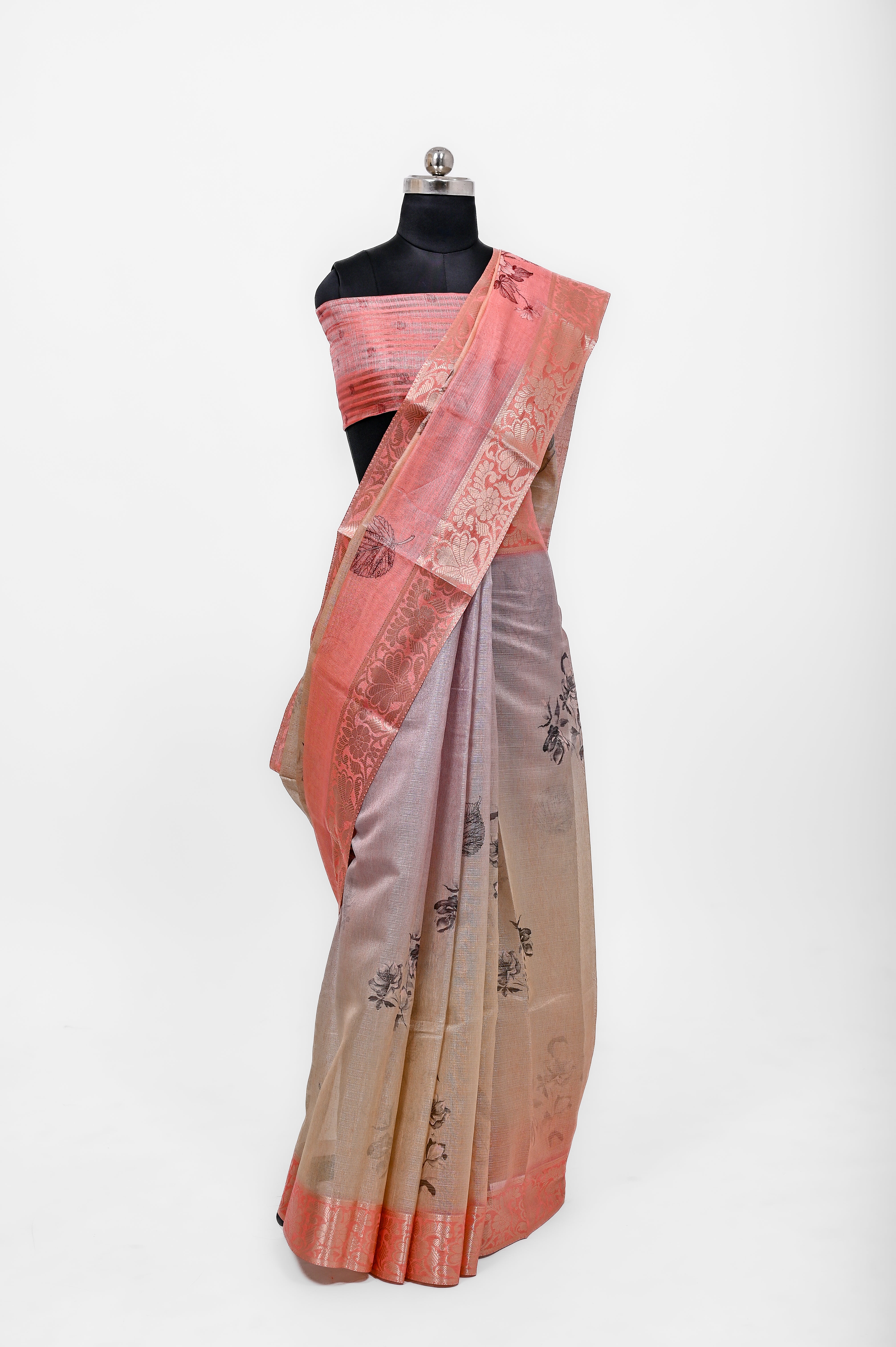 Pure Lilen Tissue Silk Digital Print Saree Orange & Grey