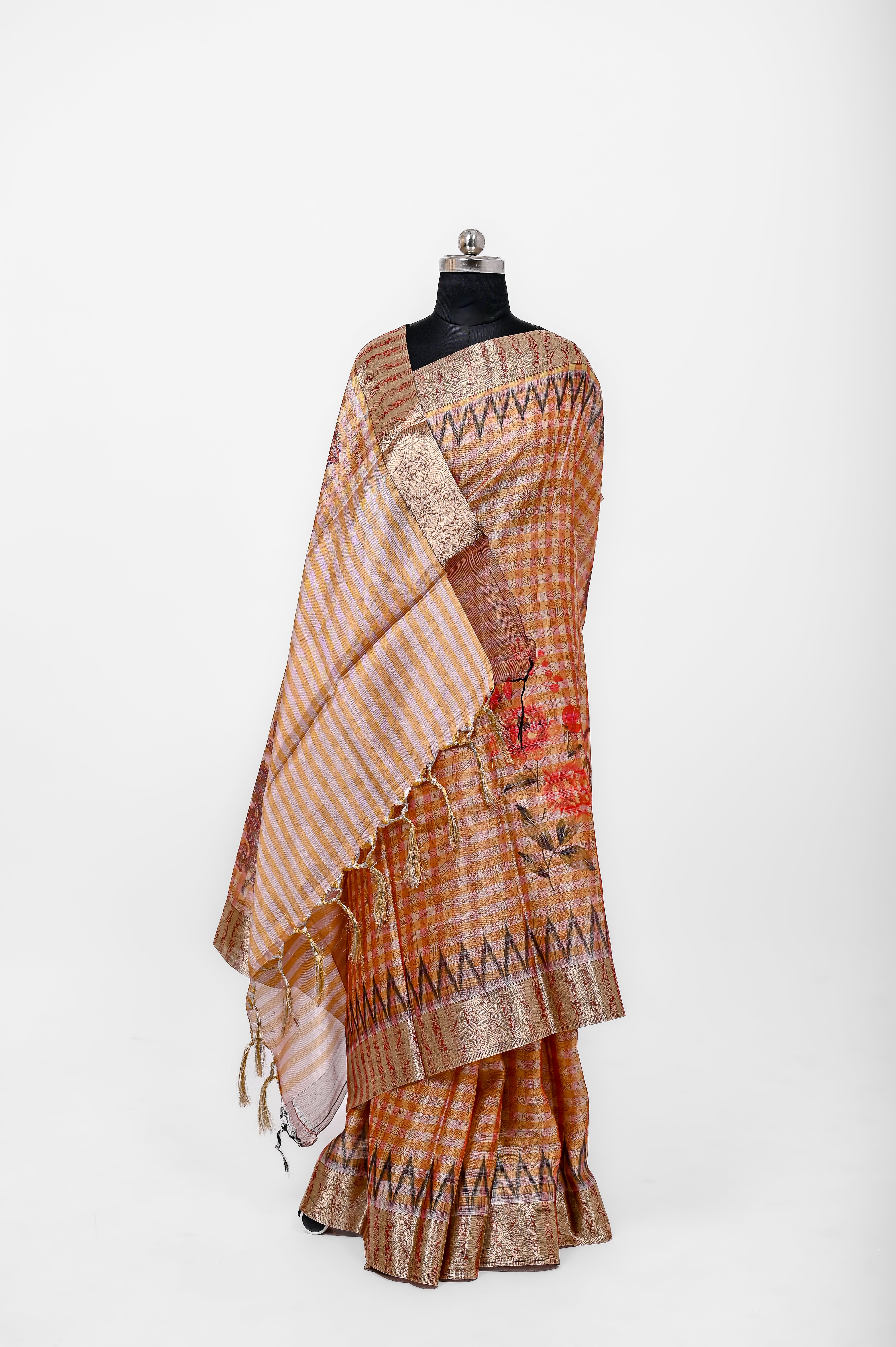 Pure Banarsi Tissue Silk Digital Print Saree All Over Redish