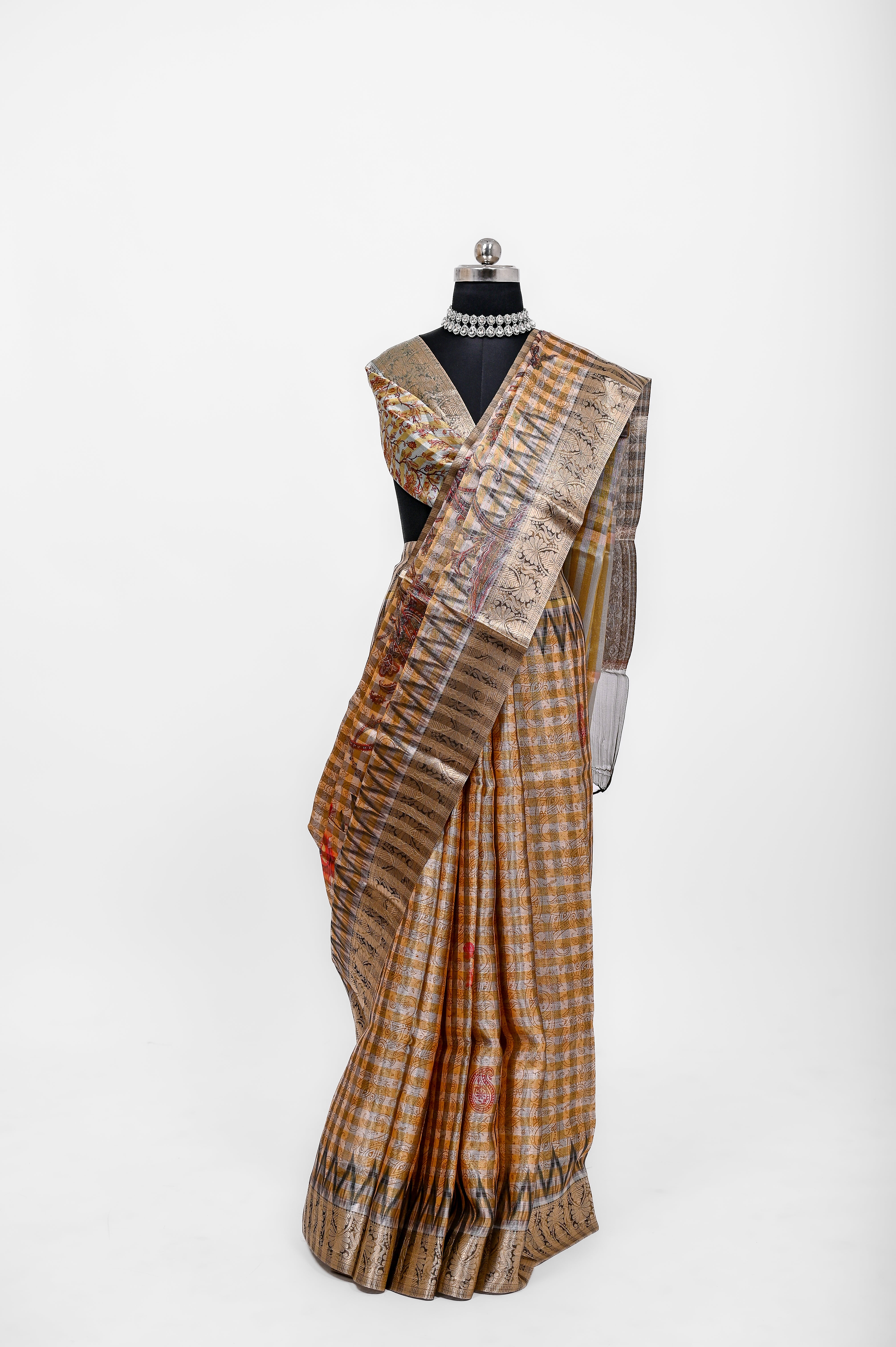Pure Banarsi Tissue Silk Digital Print Saree Black & Yellowish