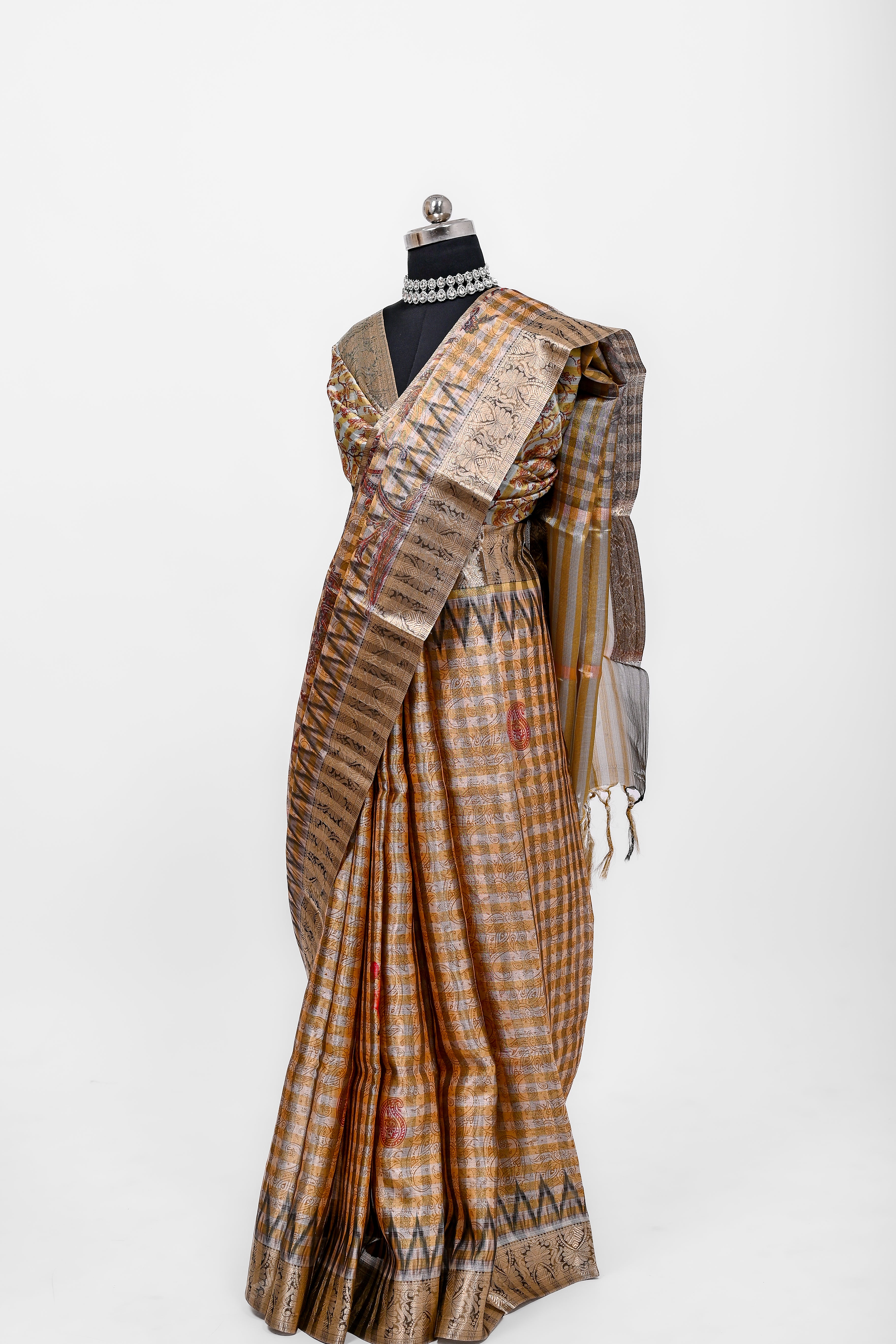 Pure Banarsi Tissue Silk Digital Print Saree Black & Yellowish
