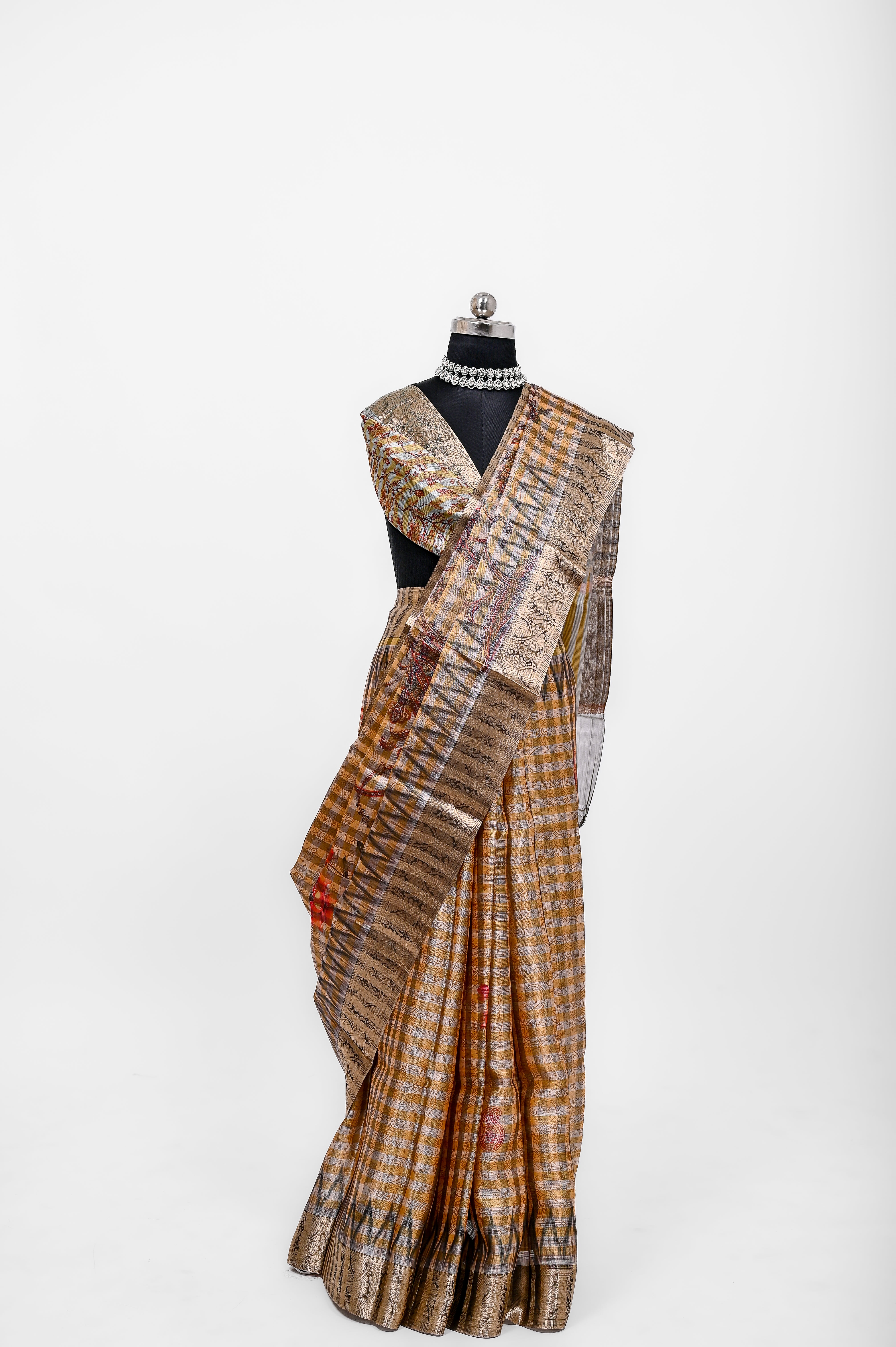 Pure Banarsi Tissue Silk Digital Print Saree Black & Yellowish