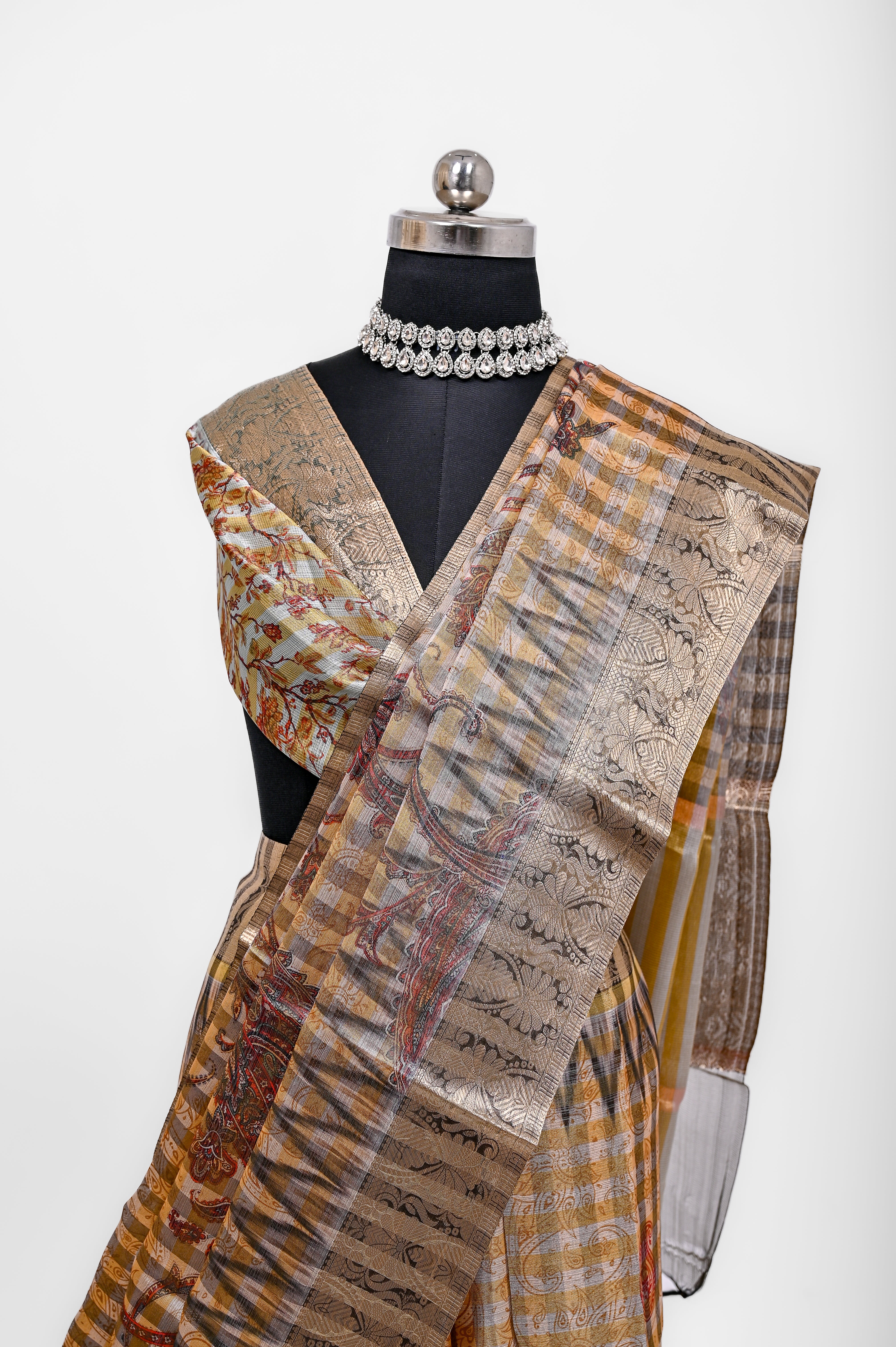 Pure Banarsi Tissue Silk Digital Print Saree Black & Yellowish
