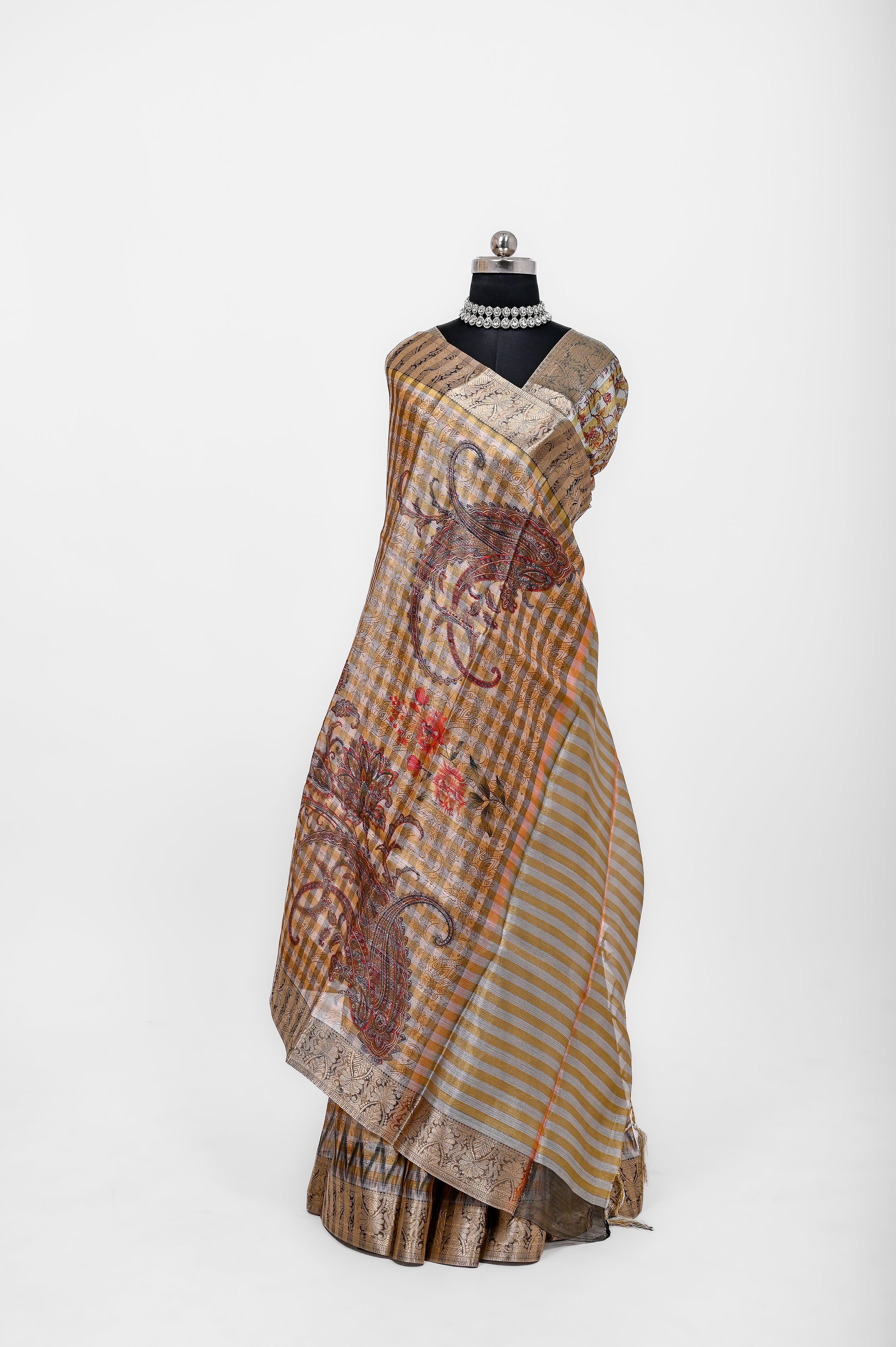 Pure Banarsi Tissue Silk Digital Print Saree Black & Yellowish