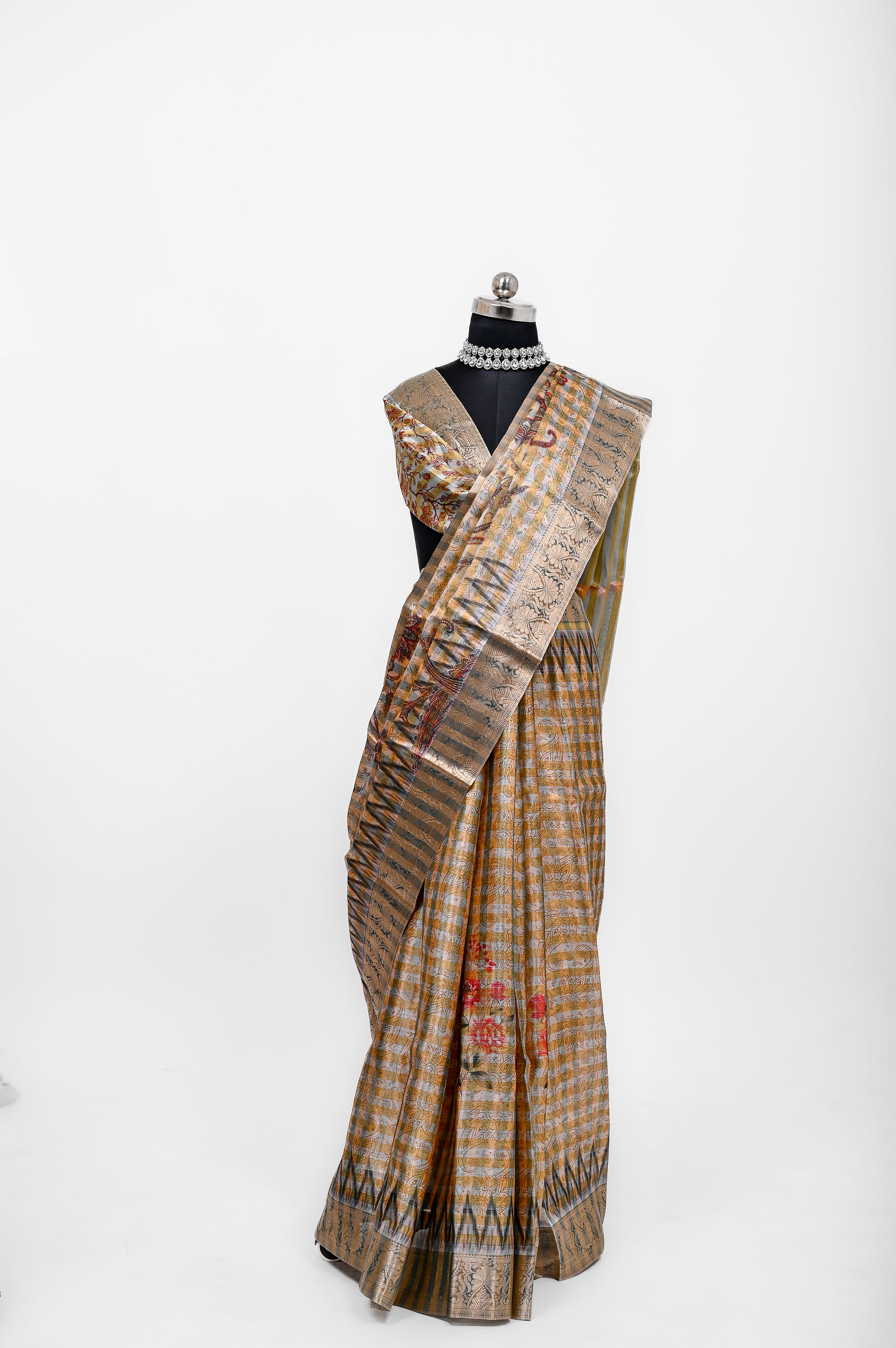Pure Banarsi Tissue Silk Digital Print Saree Yellow and Greenish
