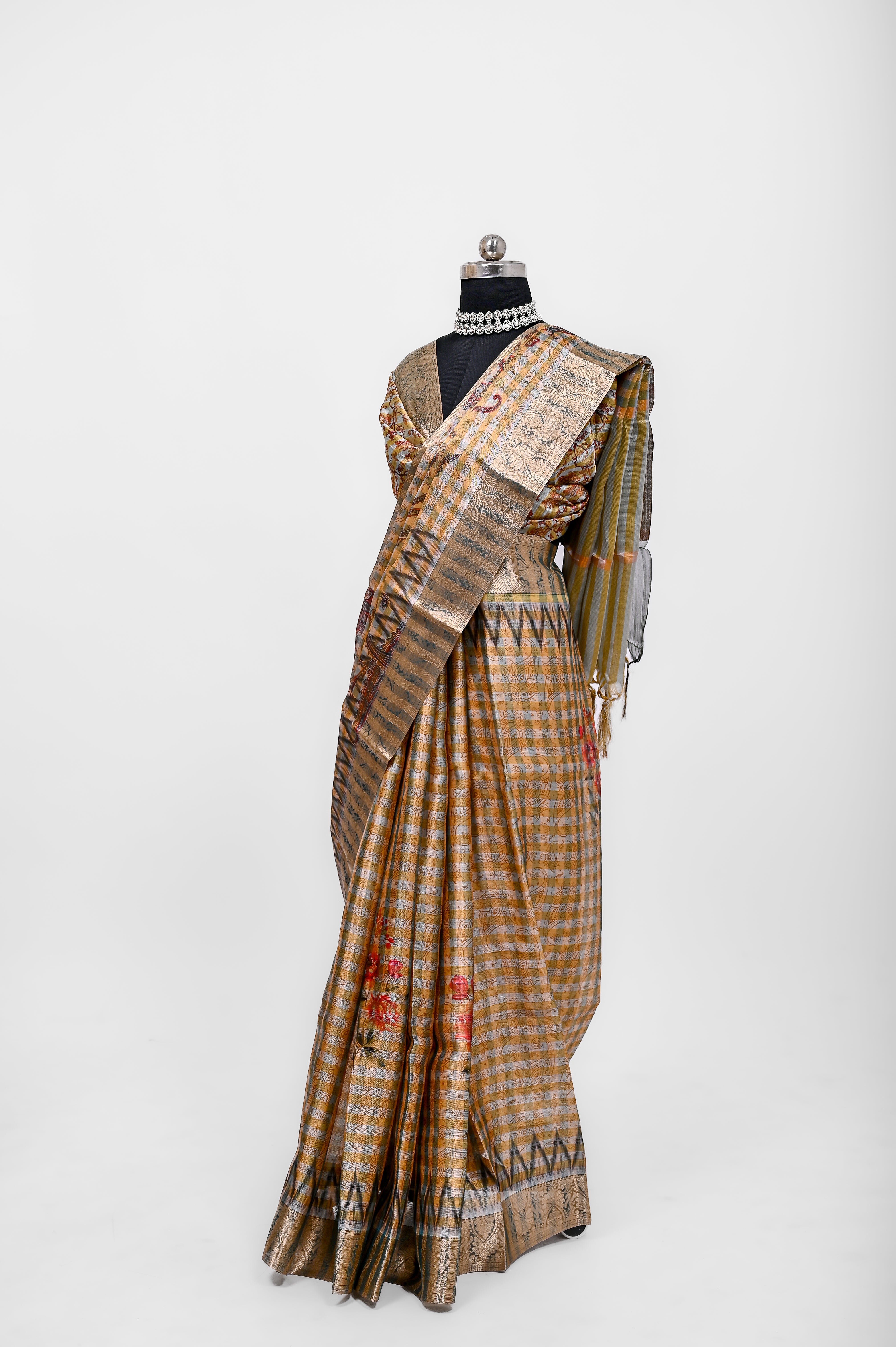Pure Banarsi Tissue Silk Digital Print Saree Yellow and Greenish