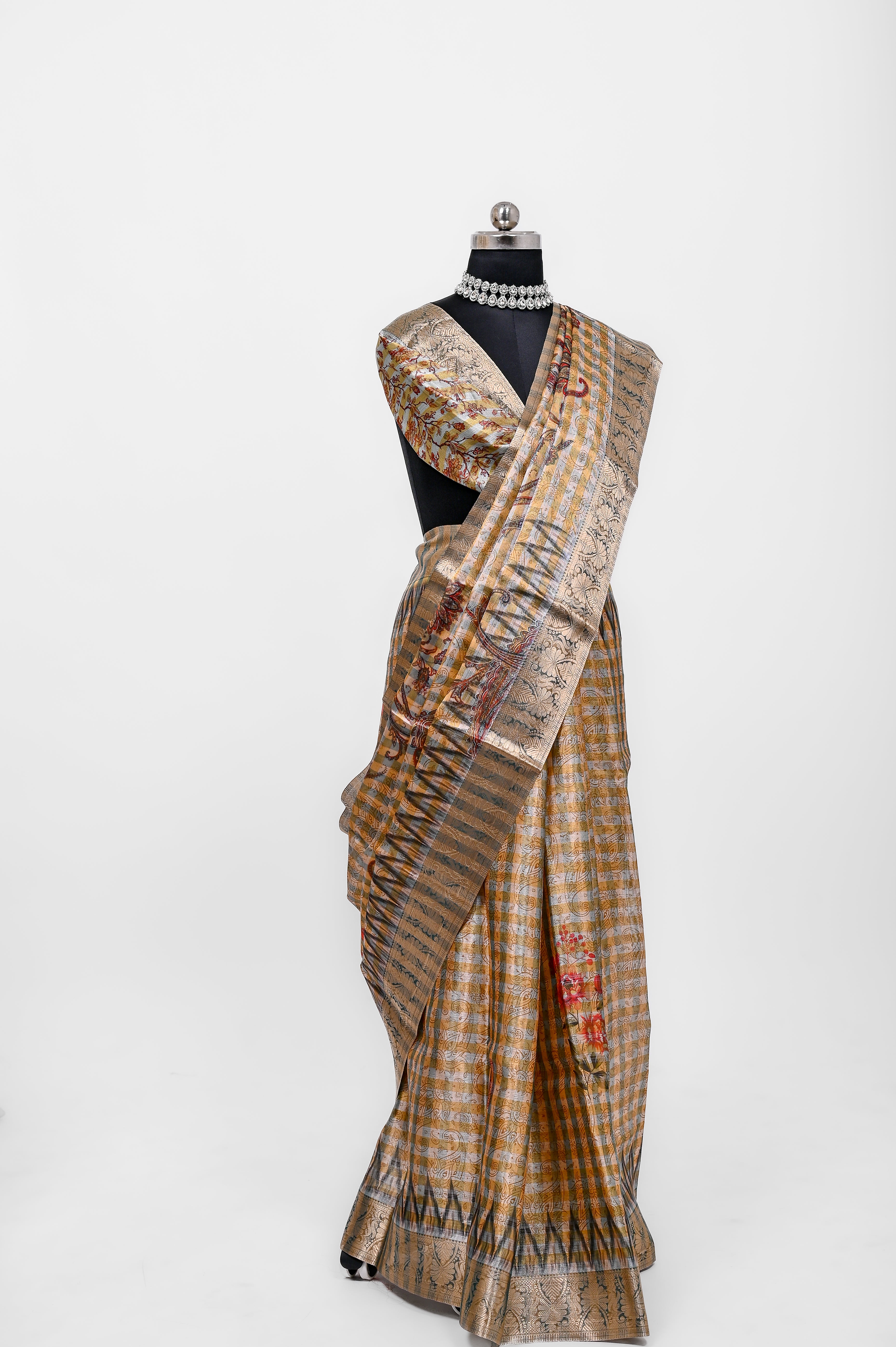 Pure Banarsi Tissue Silk Digital Print Saree Yellow and Greenish