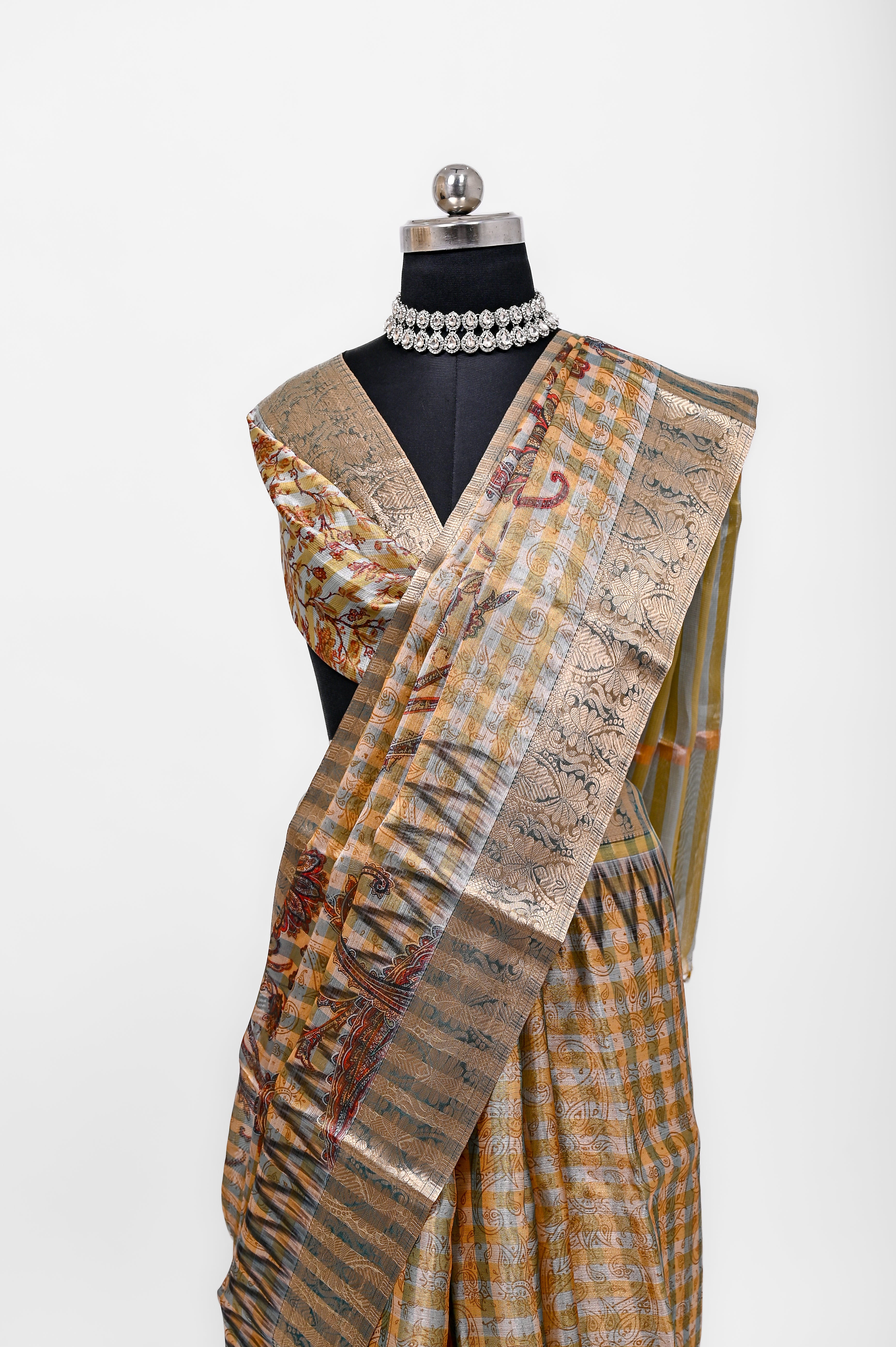 Pure Banarsi Tissue Silk Digital Print Saree Yellow and Greenish