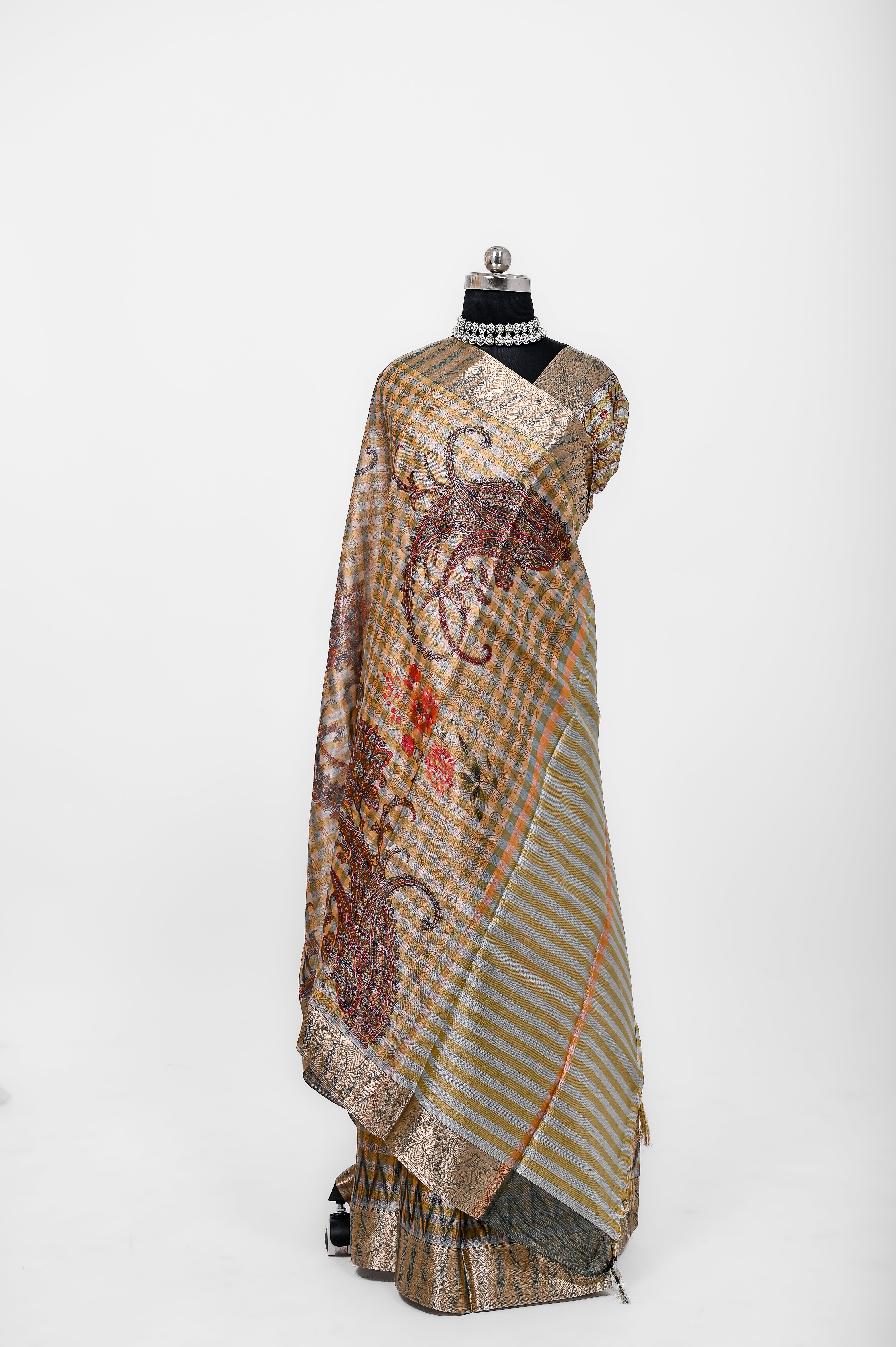Pure Banarsi Tissue Silk Digital Print Saree Yellow and Greenish