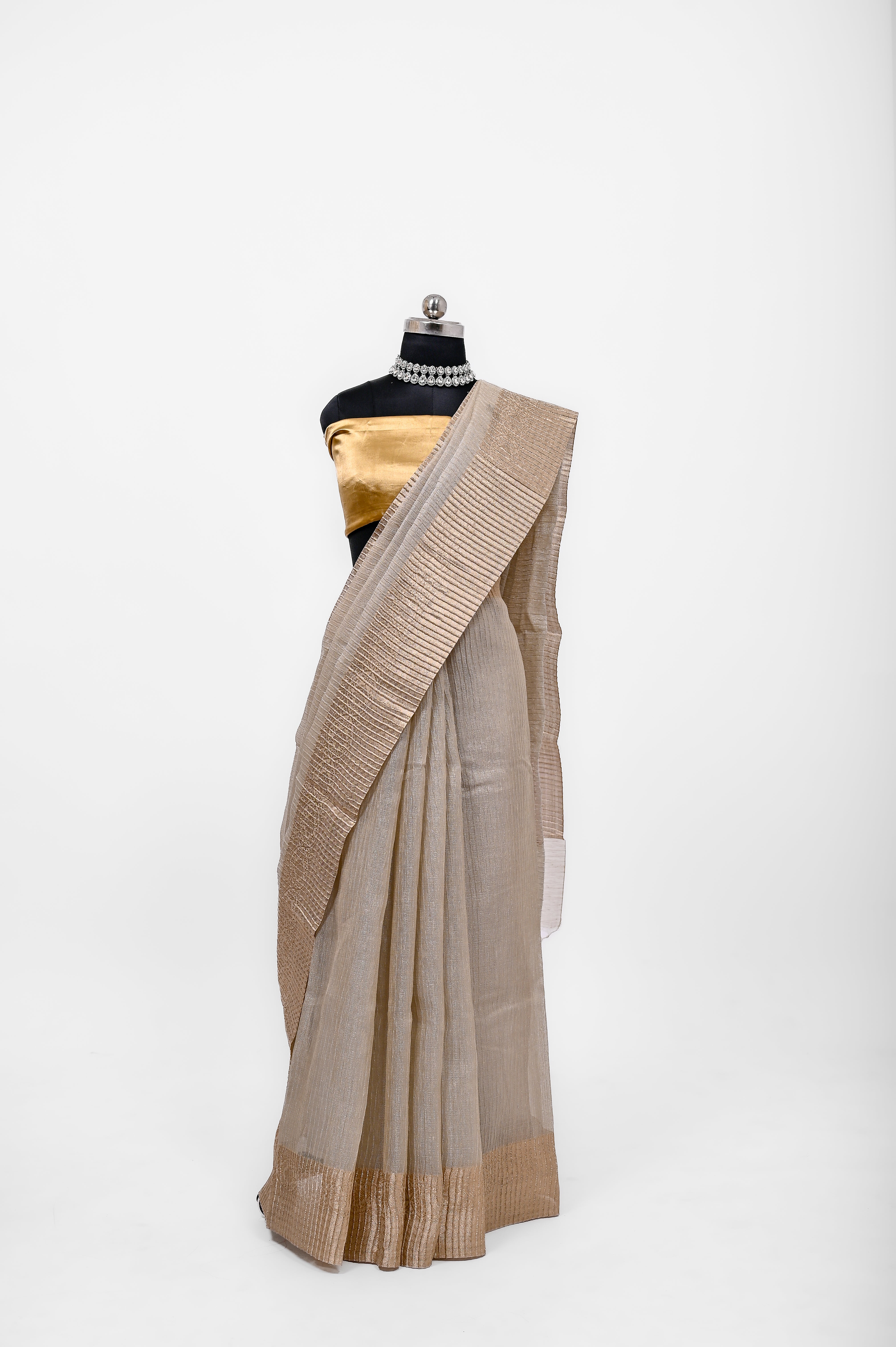 Pure Lilen Tissue Crush Silk Saree With Luxury Fabrics Light Golden Cheeku