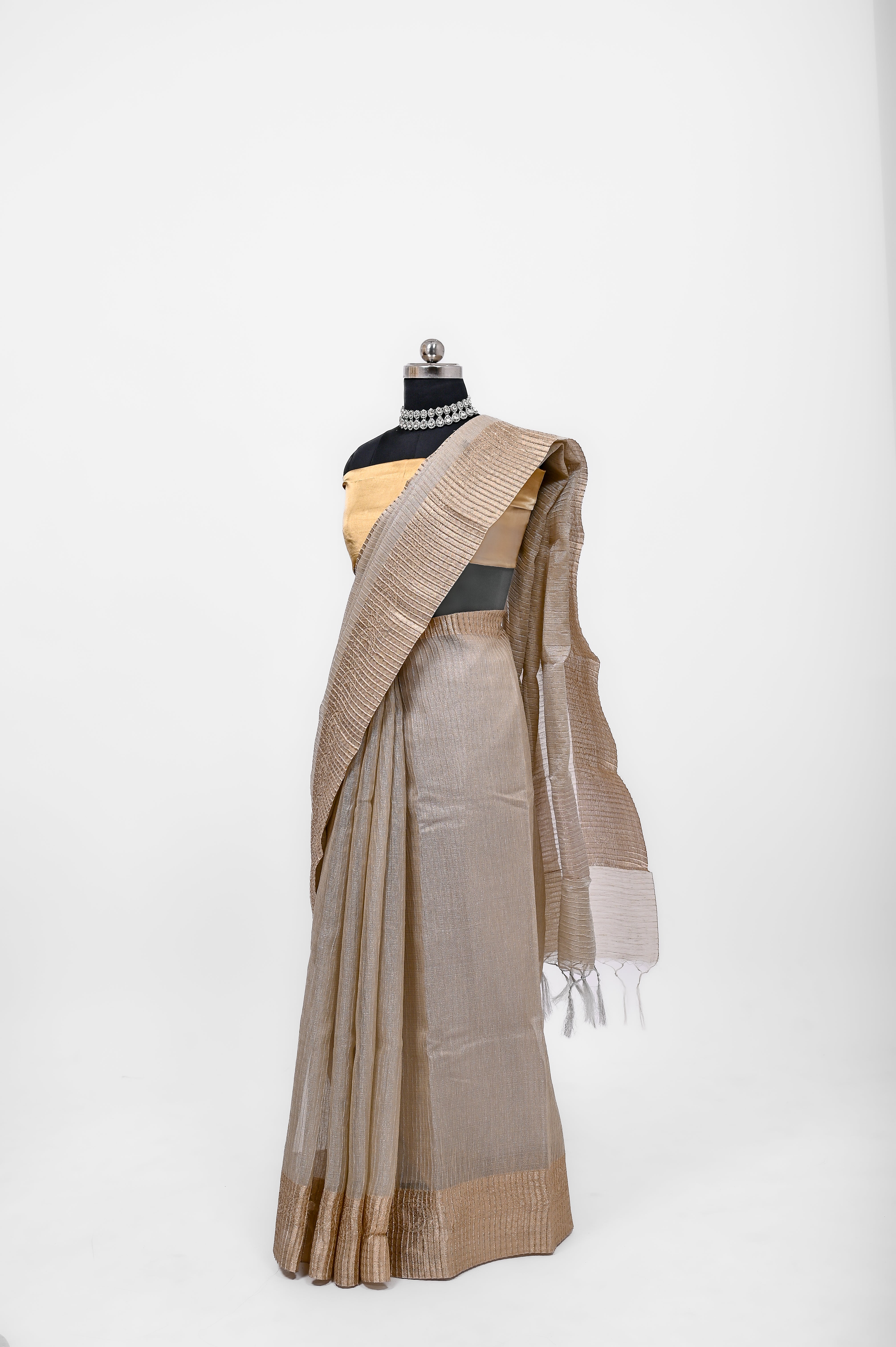 Pure Lilen Tissue Crush Silk Saree With Luxury Fabrics Light Golden Cheeku