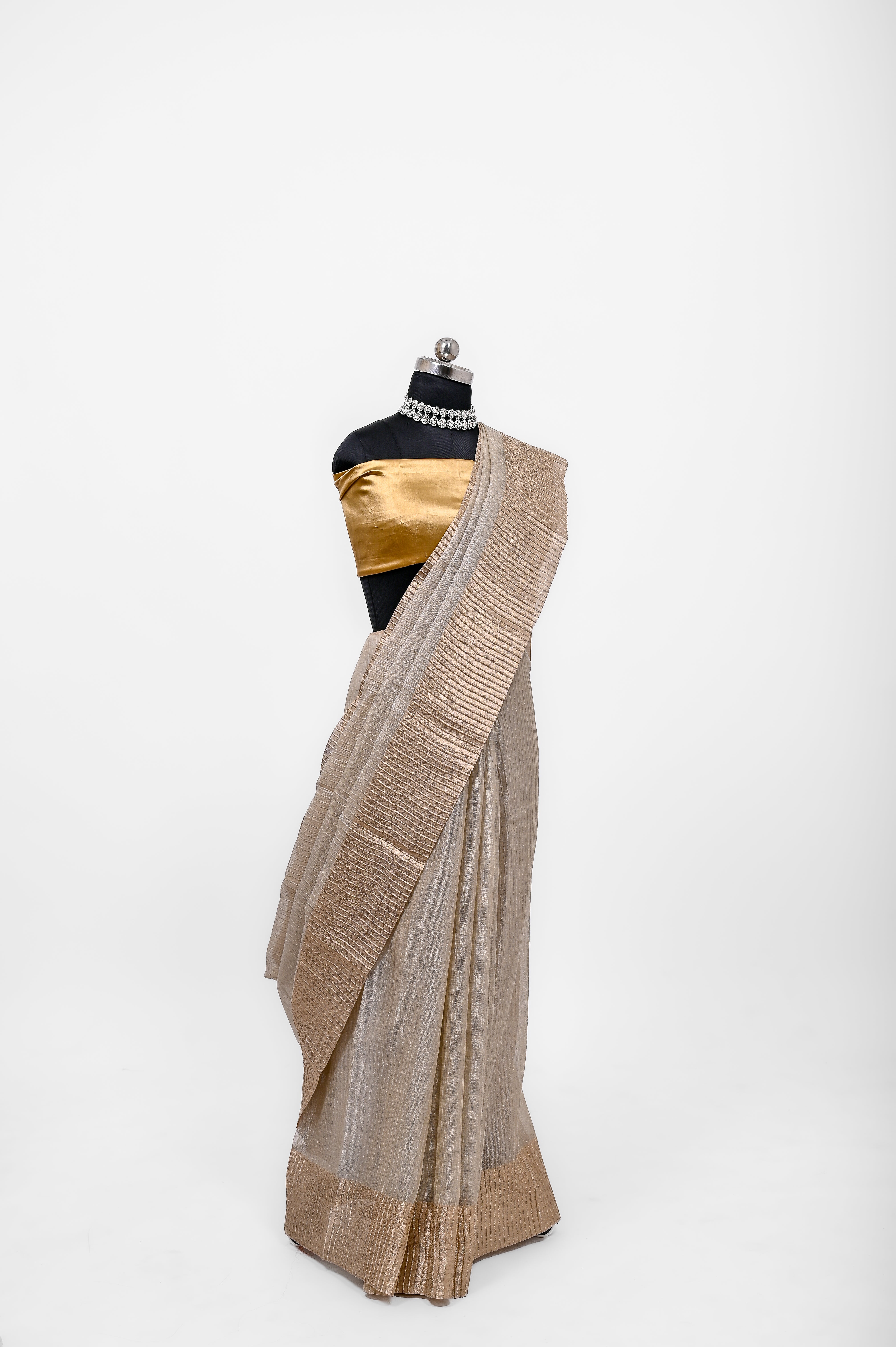 Pure Lilen Tissue Crush Silk Saree With Luxury Fabrics Light Golden Cheeku