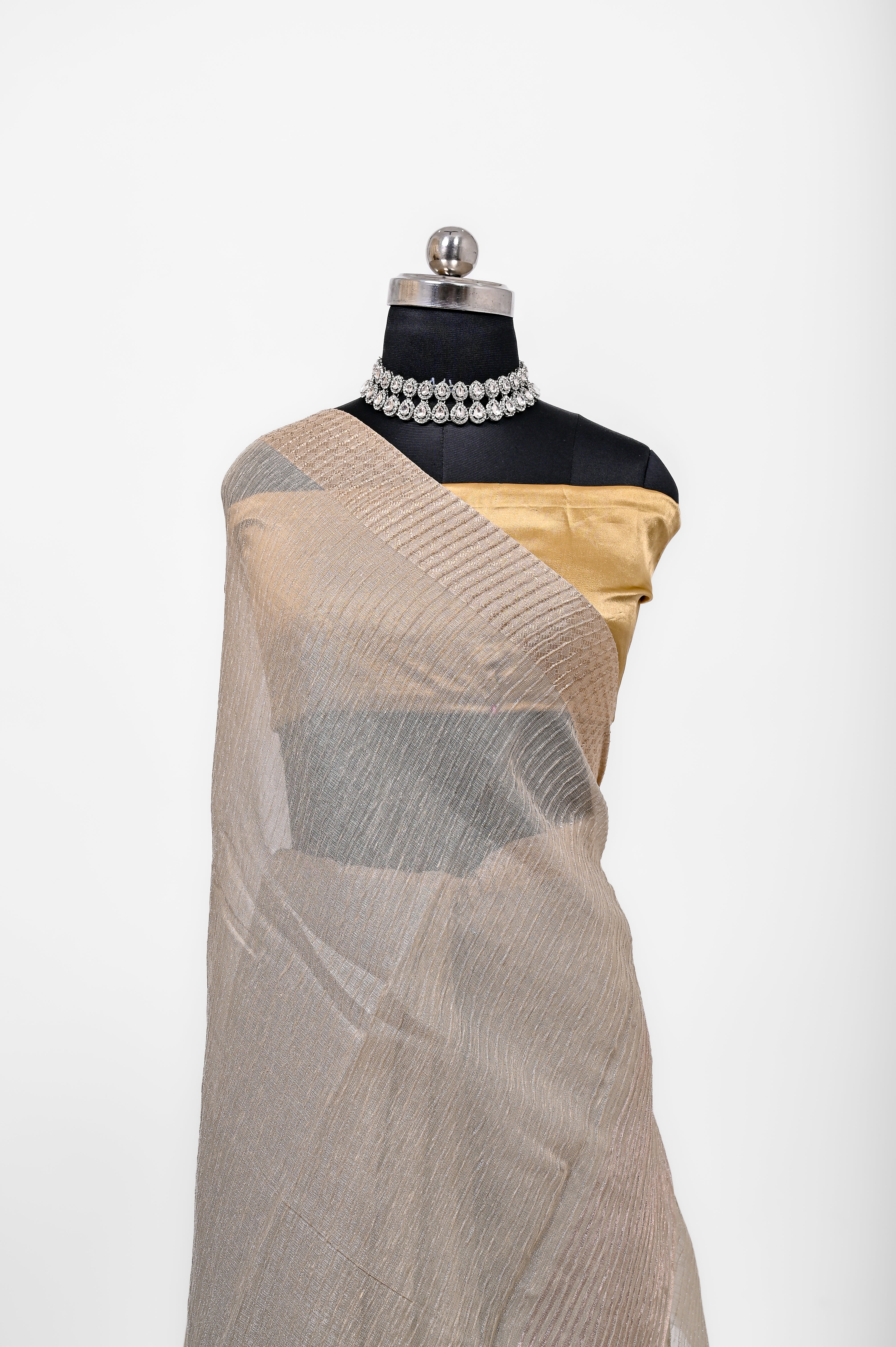 Pure Lilen Tissue Crush Silk Saree With Luxury Fabrics Light Golden Cheeku