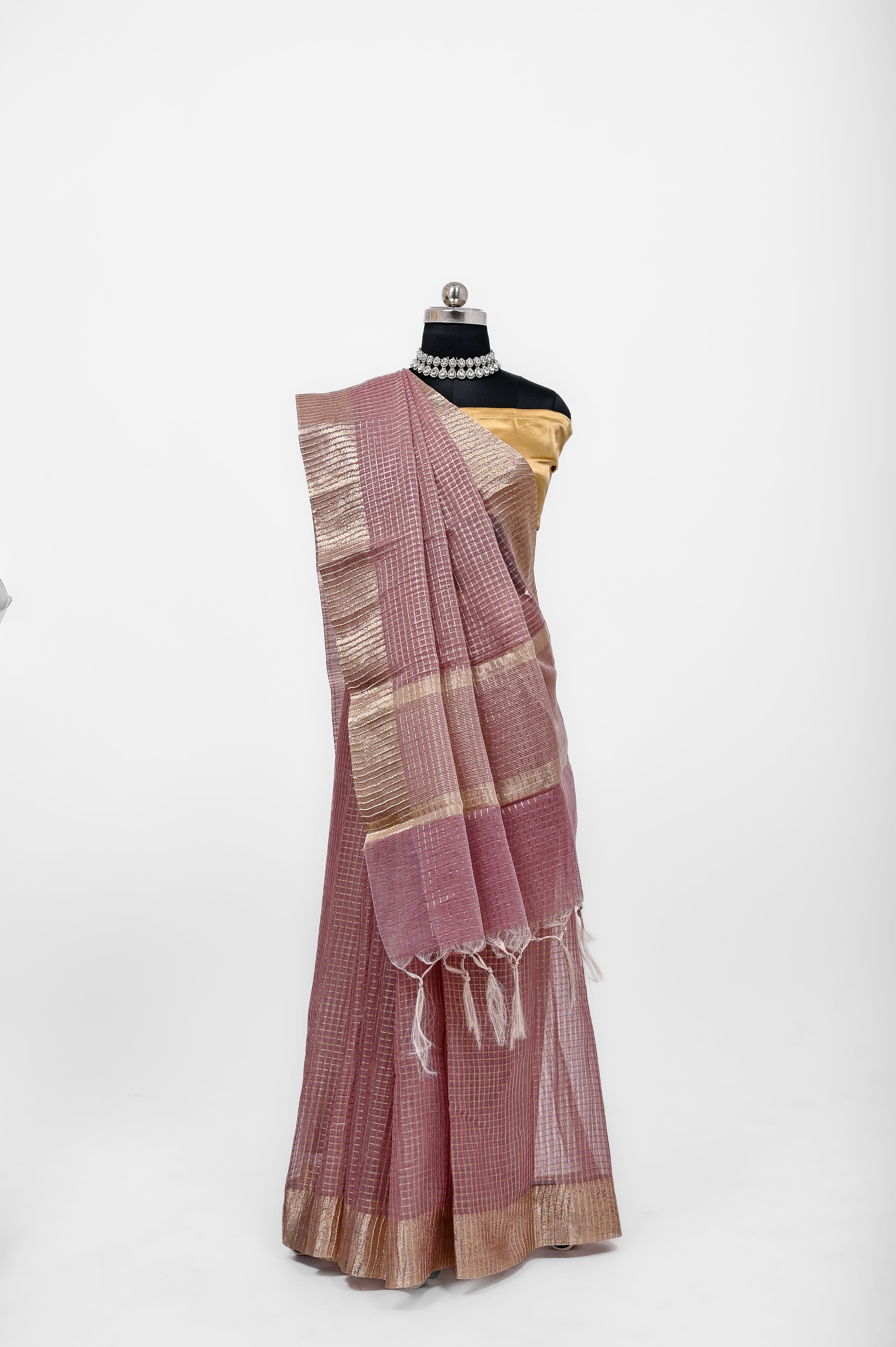 Pure Lilen Tissue Crush Small Chex Silk Saree With Luxury Fabrics Dusty Wine