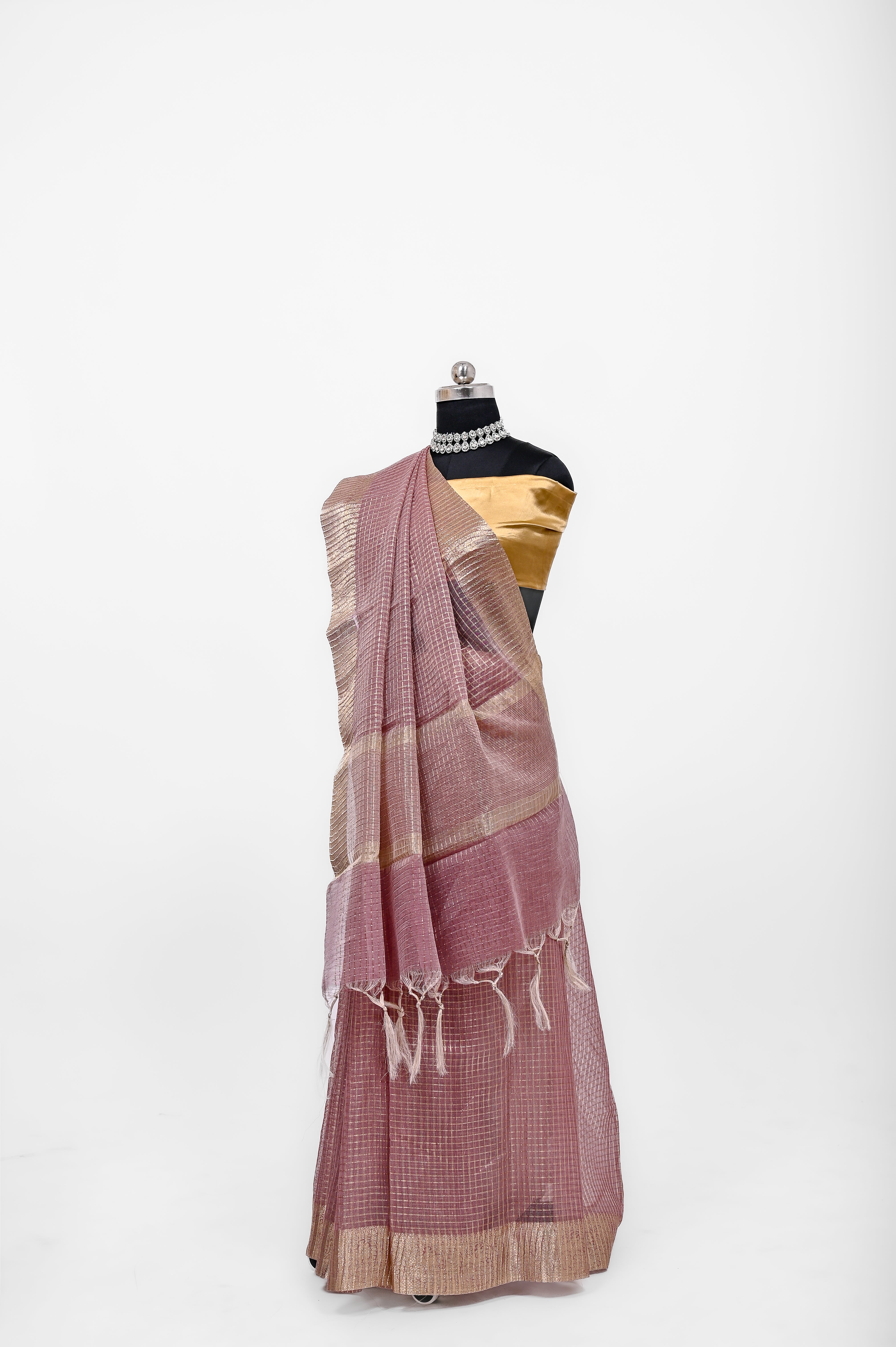 Pure Lilen Tissue Crush Small Chex Silk Saree With Luxury Fabrics Dusty Wine