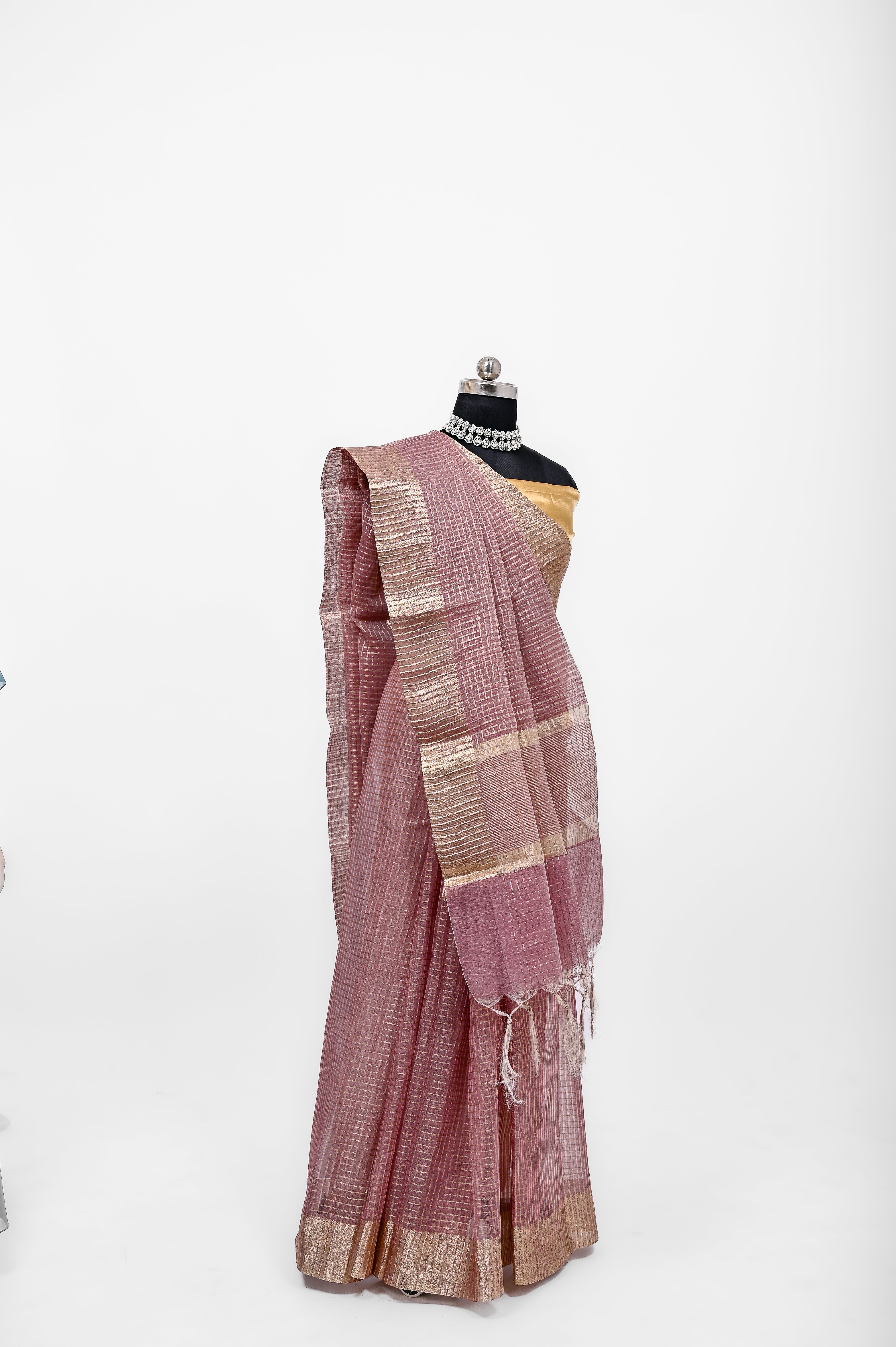 Pure Lilen Tissue Crush Small Chex Silk Saree With Luxury Fabrics Dusty Wine