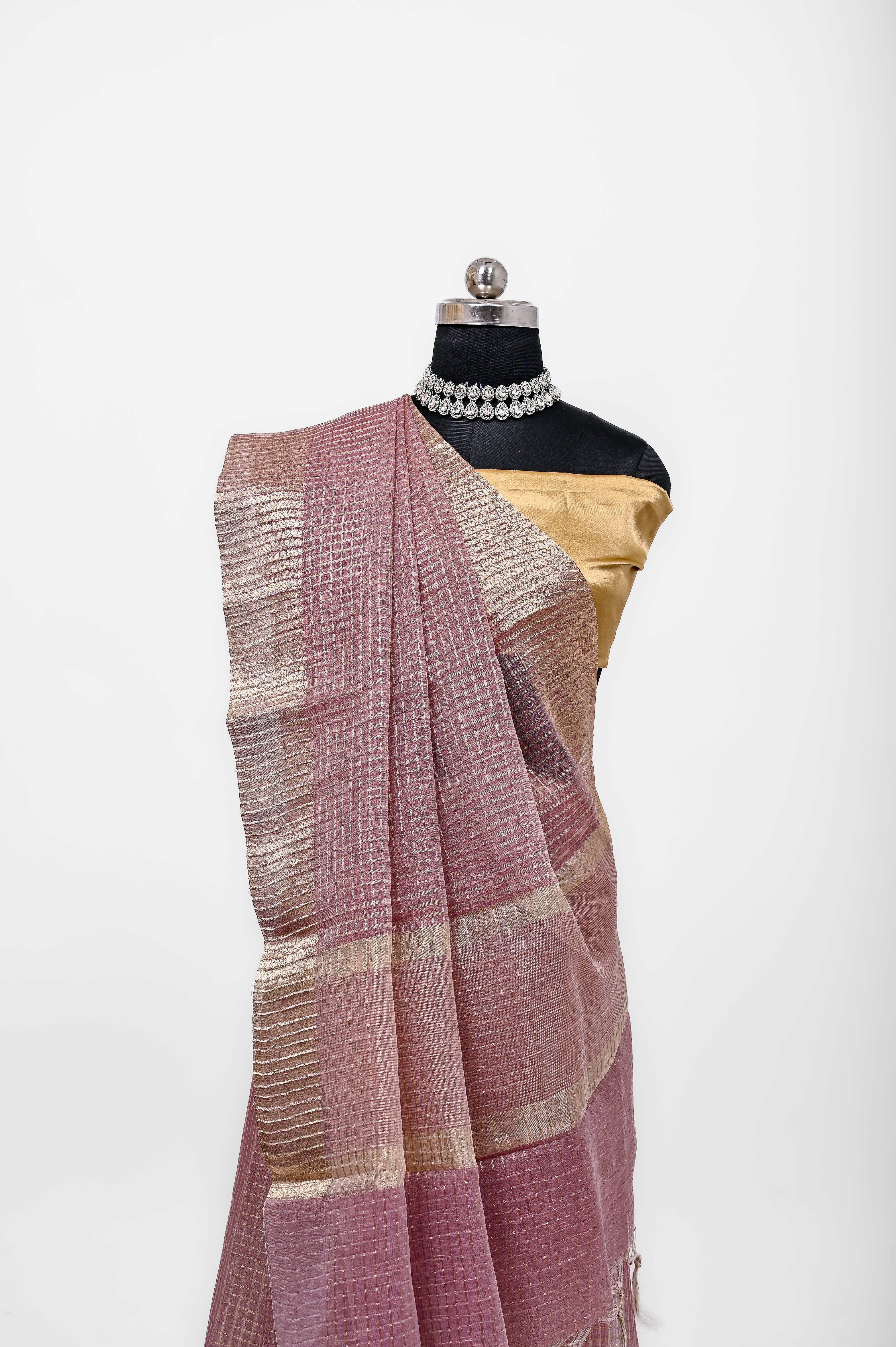Pure Lilen Tissue Crush Small Chex Silk Saree With Luxury Fabrics Dusty Wine