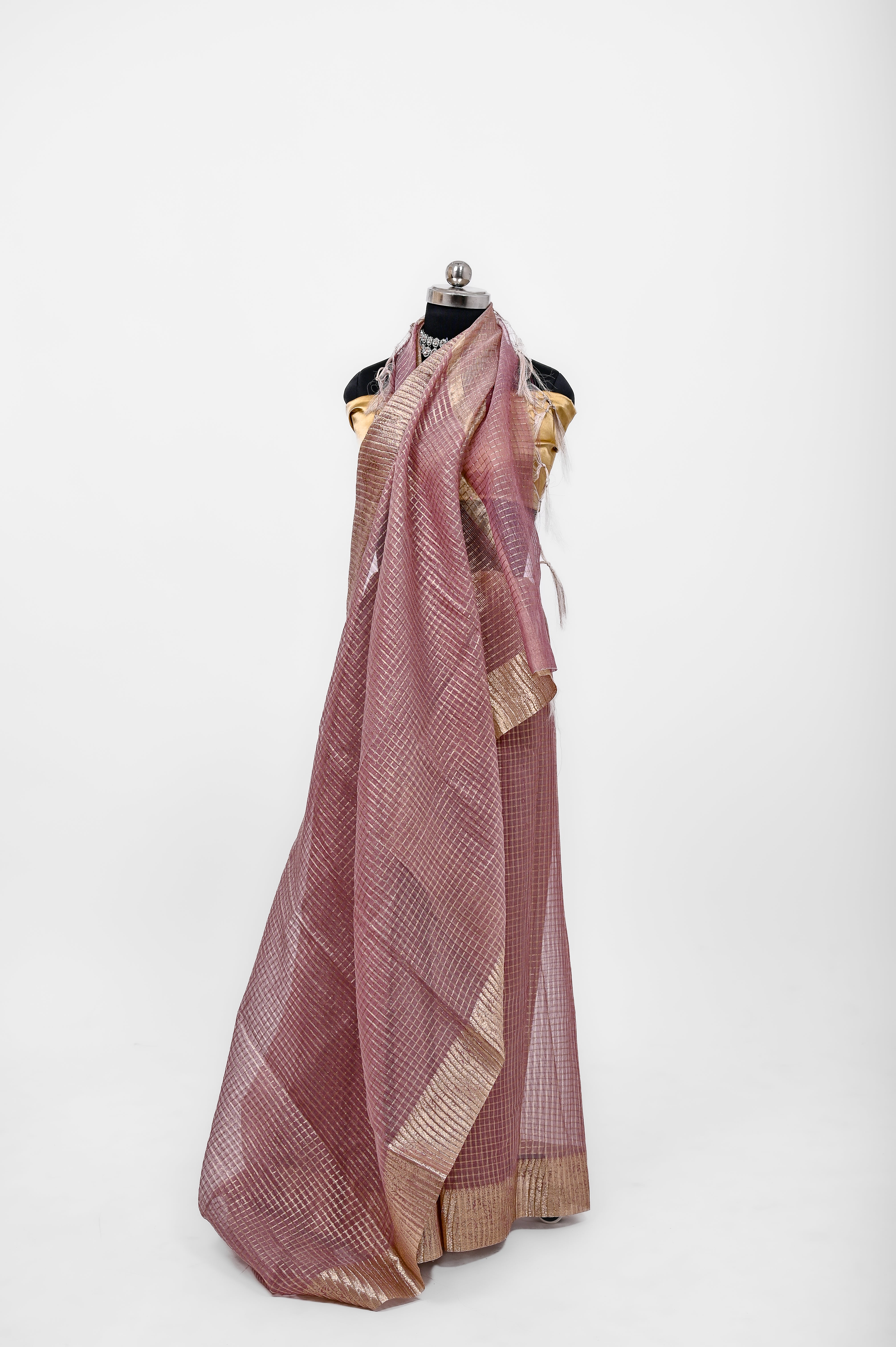 Pure Lilen Tissue Crush Small Chex Silk Saree With Luxury Fabrics Dusty Wine