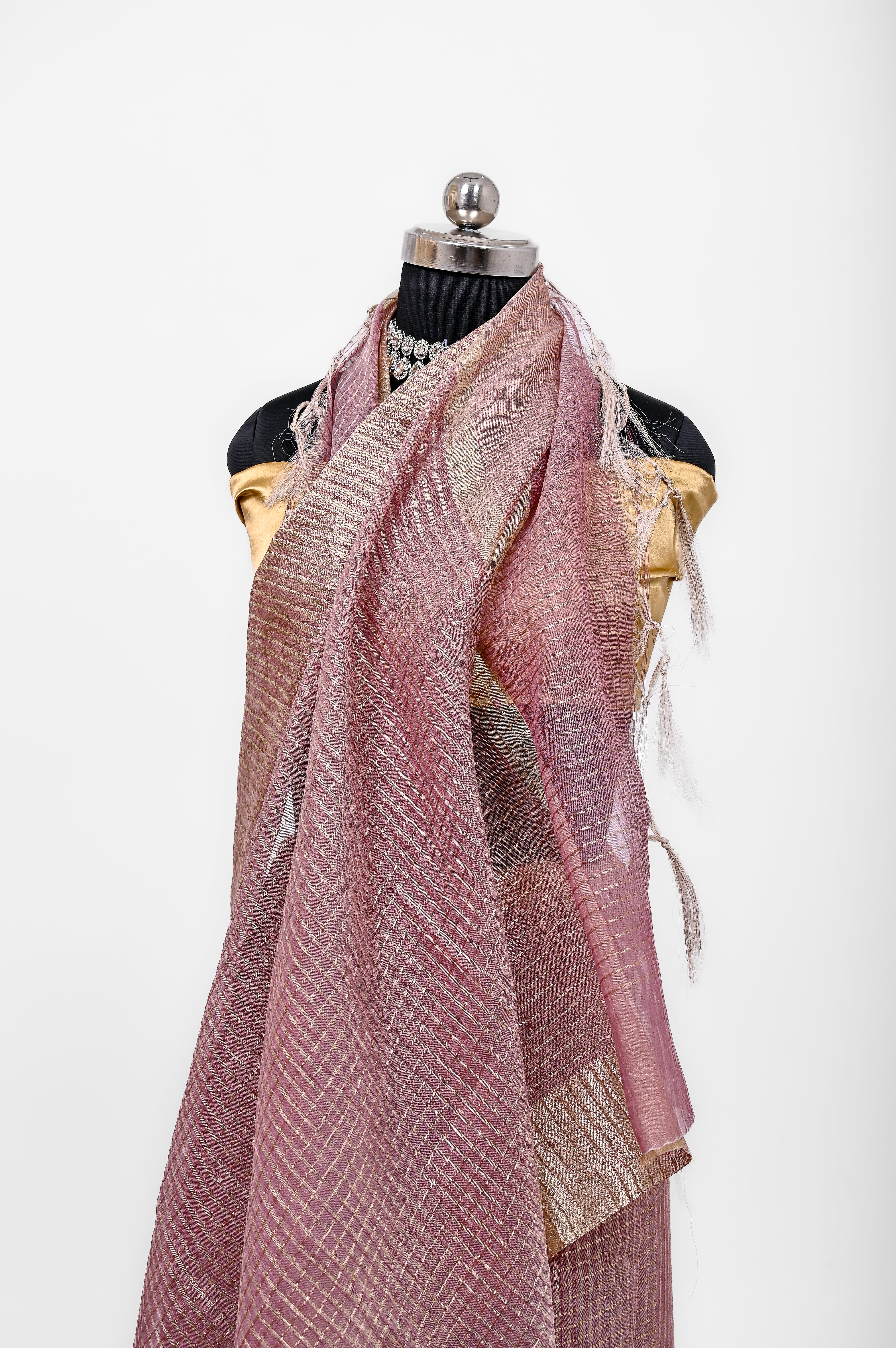 Pure Lilen Tissue Crush Small Chex Silk Saree With Luxury Fabrics Dusty Wine
