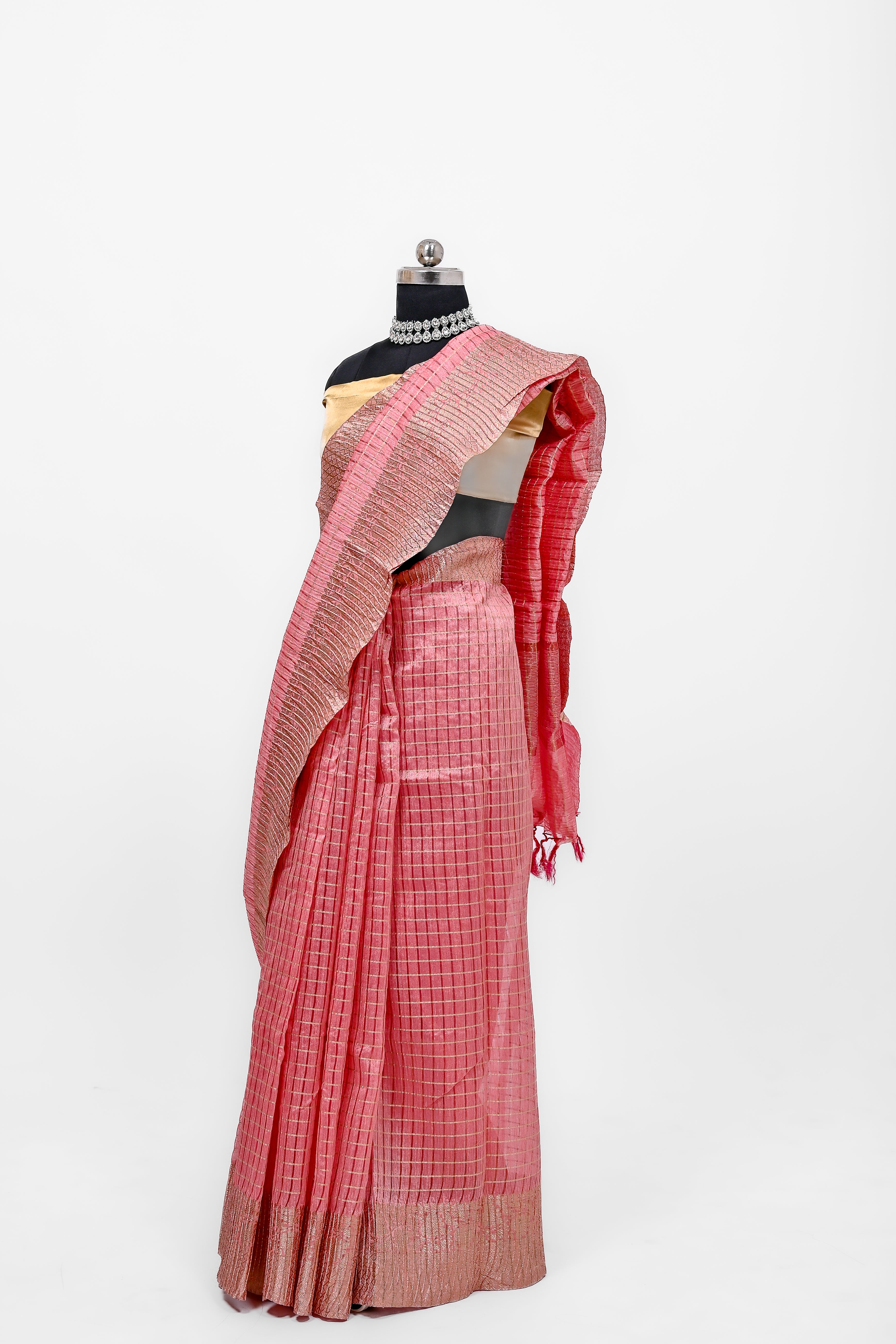 Pure Lilen Tissue Crush Big Chex Silk Saree With Luxury Fabrics Light Pitch