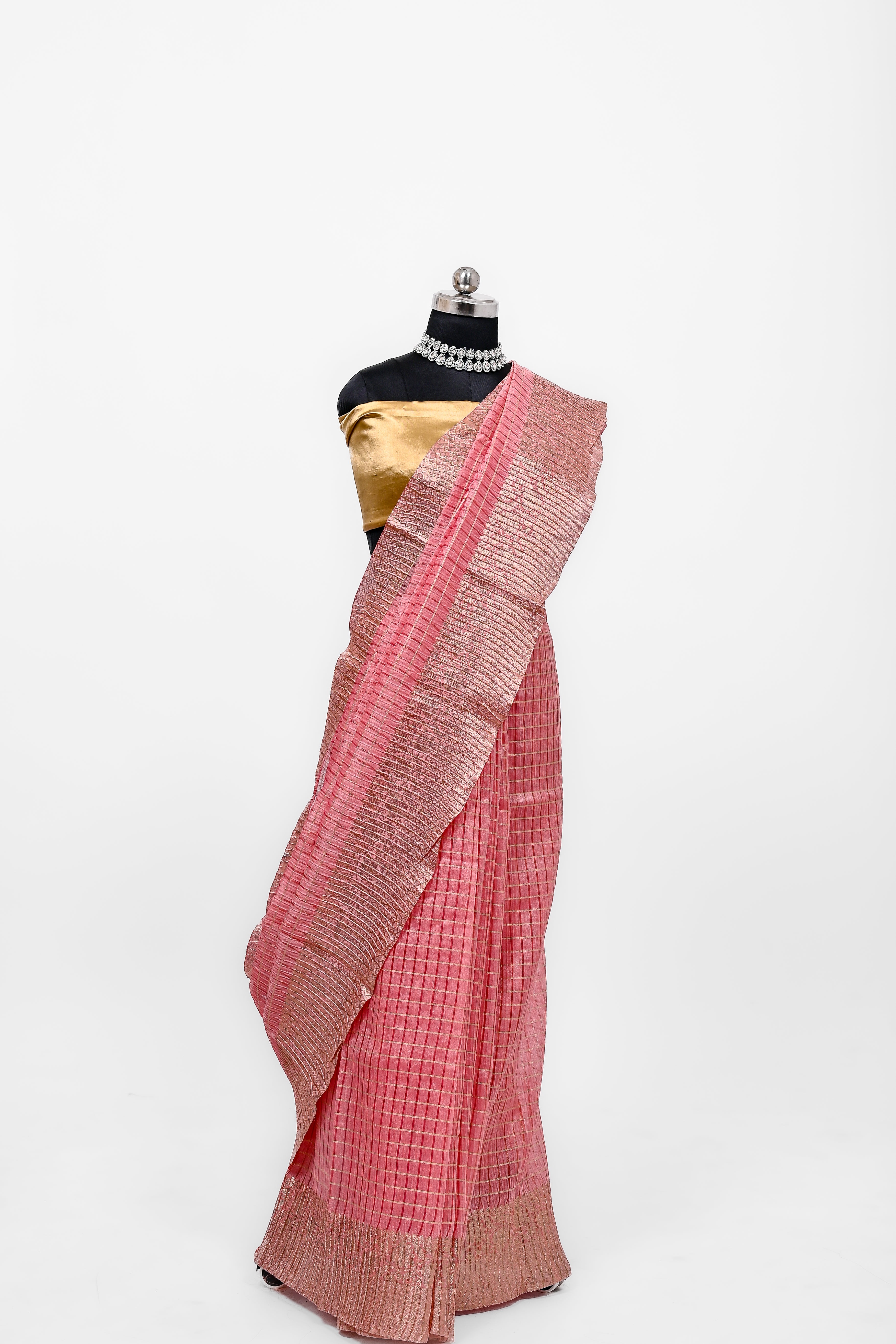 Pure Lilen Tissue Crush Big Chex Silk Saree With Luxury Fabrics Light Pitch