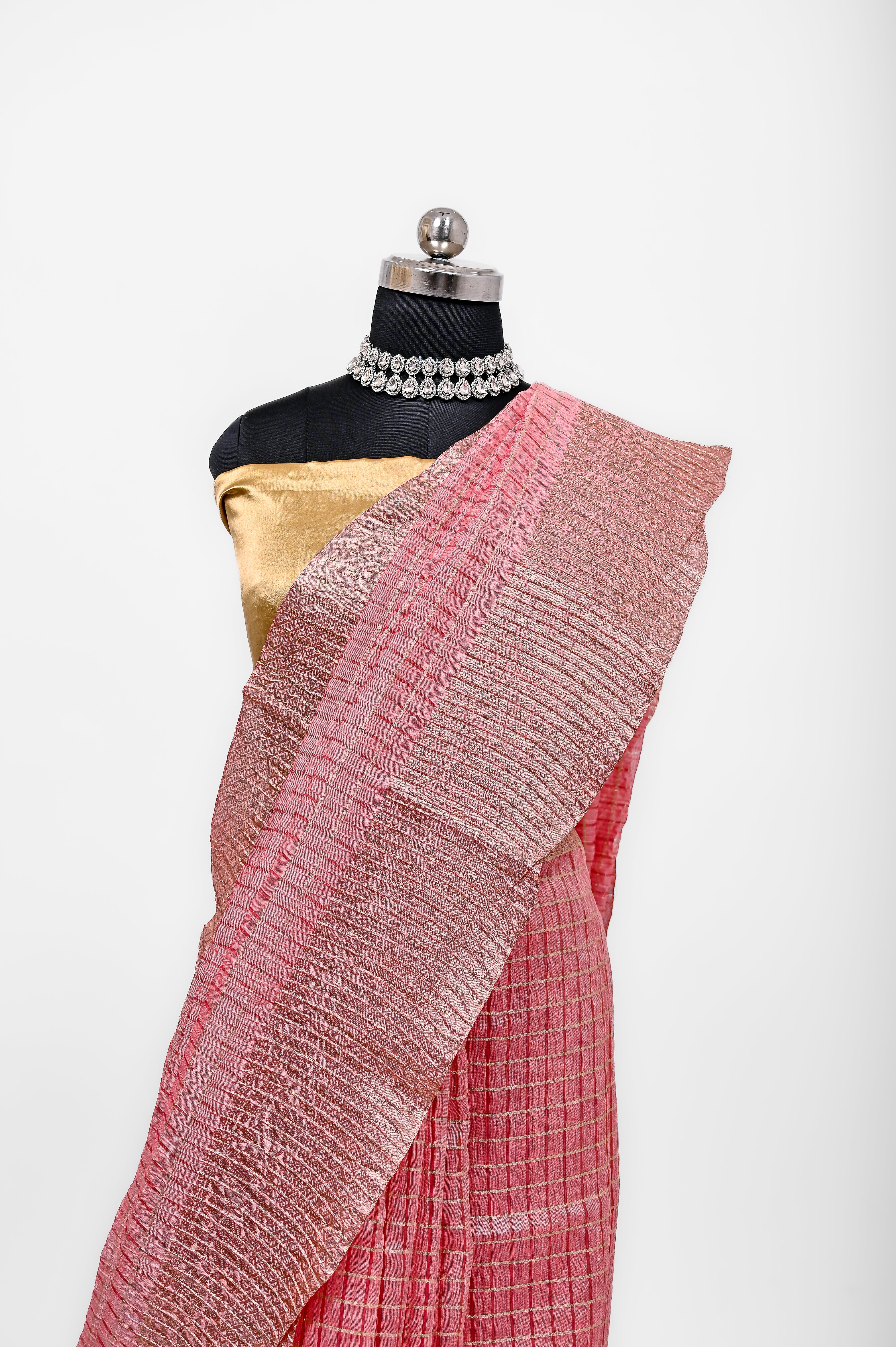 Pure Lilen Tissue Crush Big Chex Silk Saree With Luxury Fabrics Light Pitch