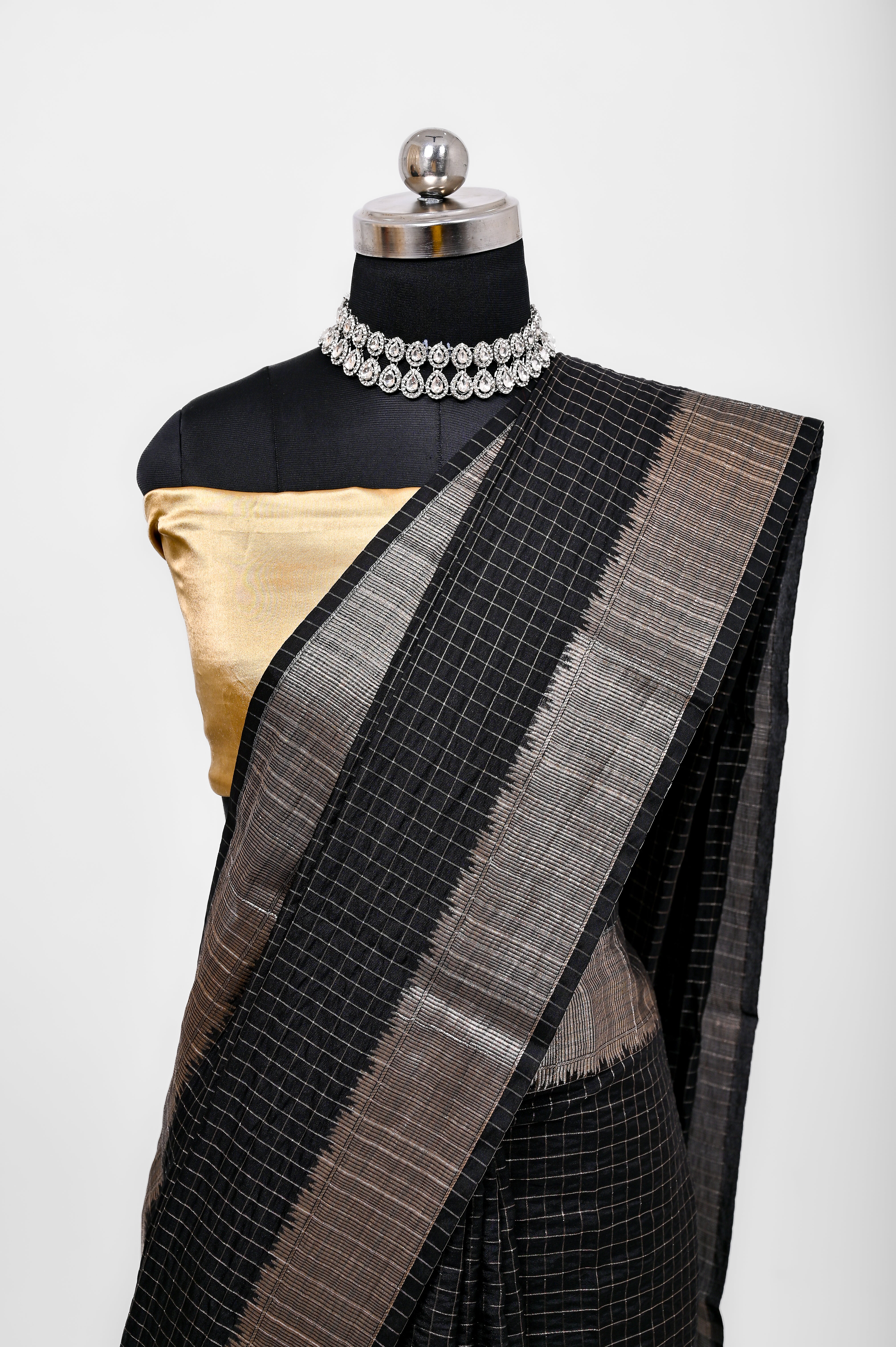 Handloom Dyble Soft Silk Zari Chex Sarees With Luxury Fabrics Black