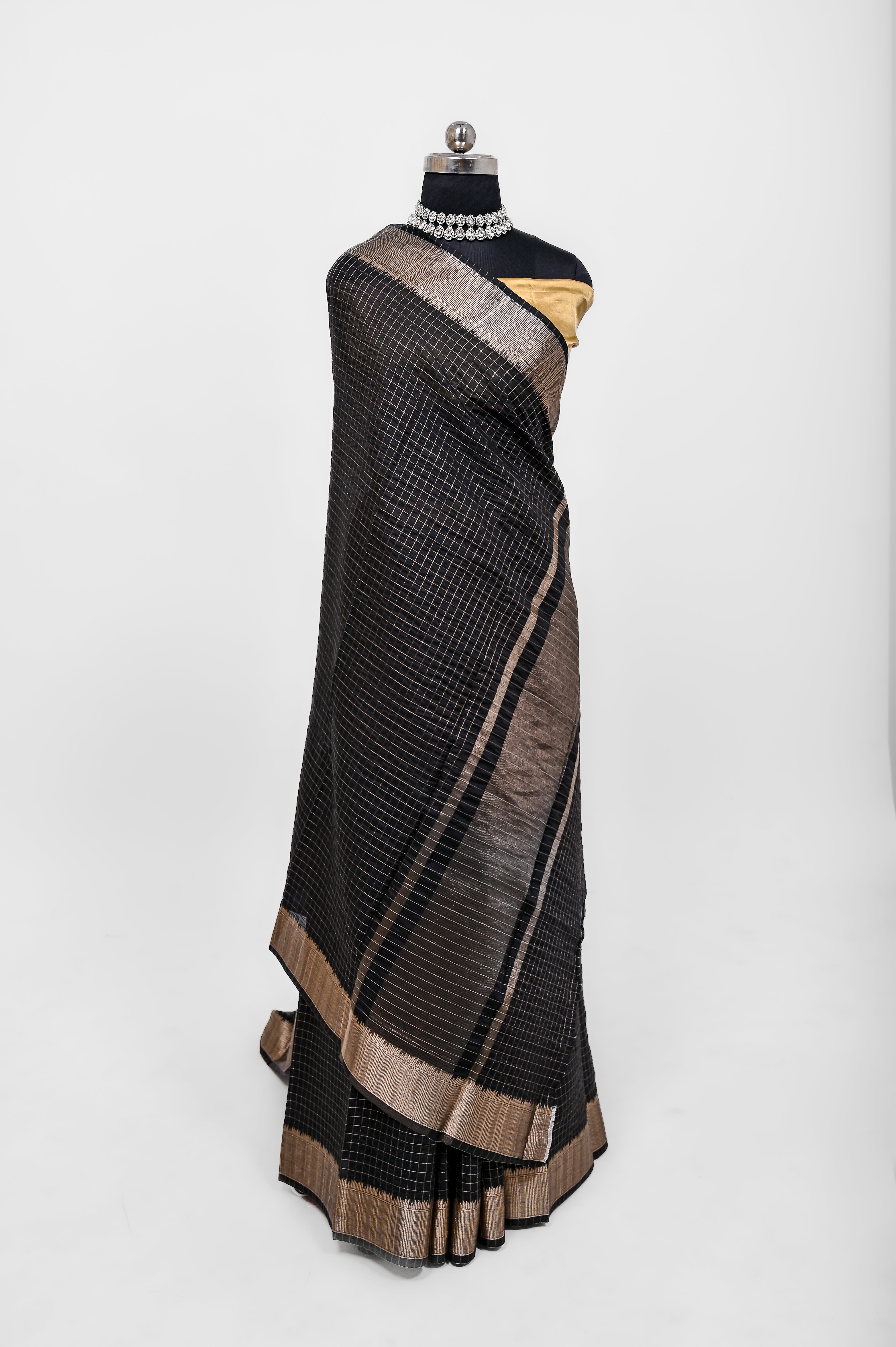 Handloom Dyble Soft Silk Zari Chex Sarees With Luxury Fabrics Black