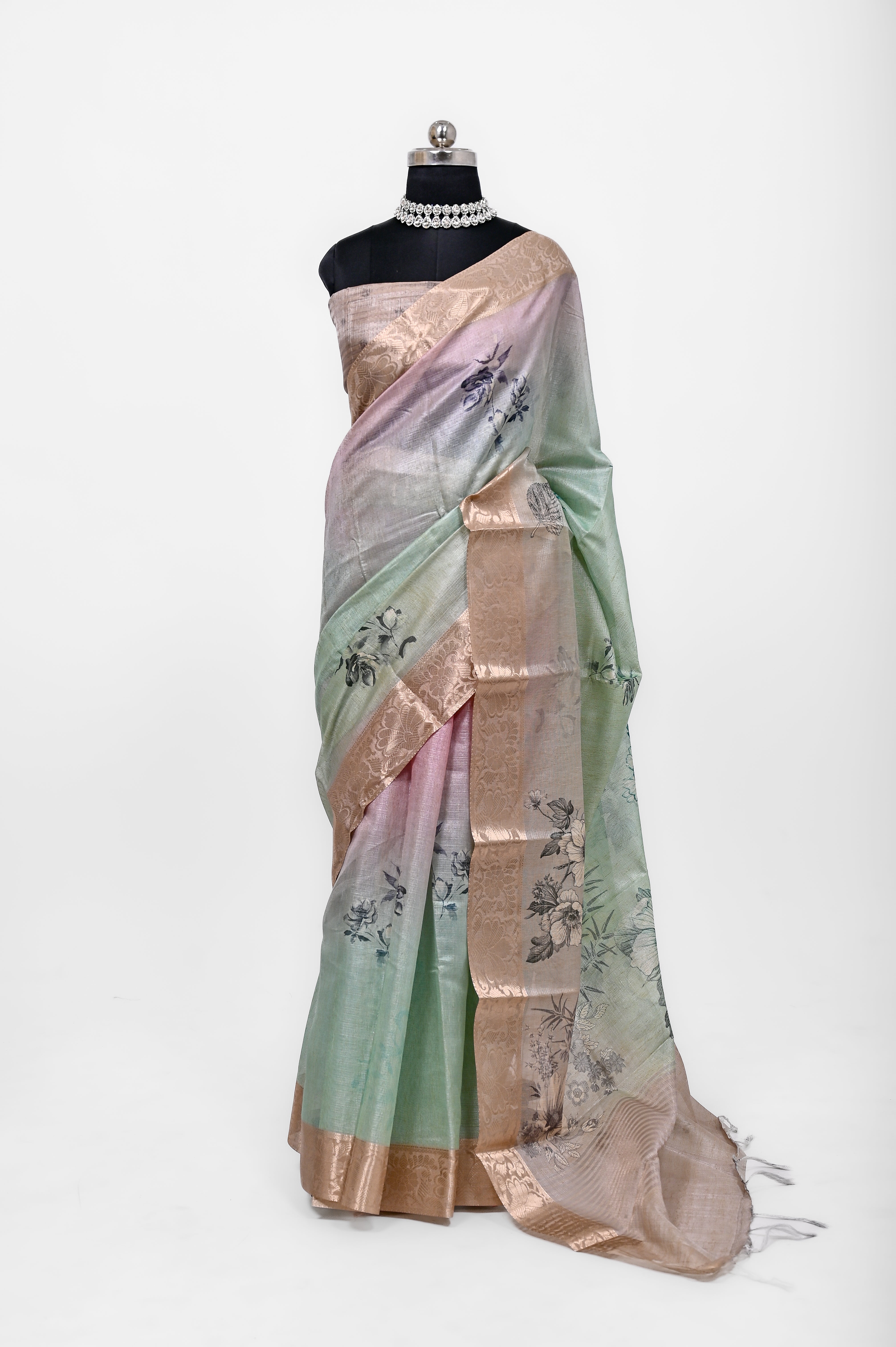 Pure Lilen Tissue Silk Digital Print Saree Pista & Pinkish