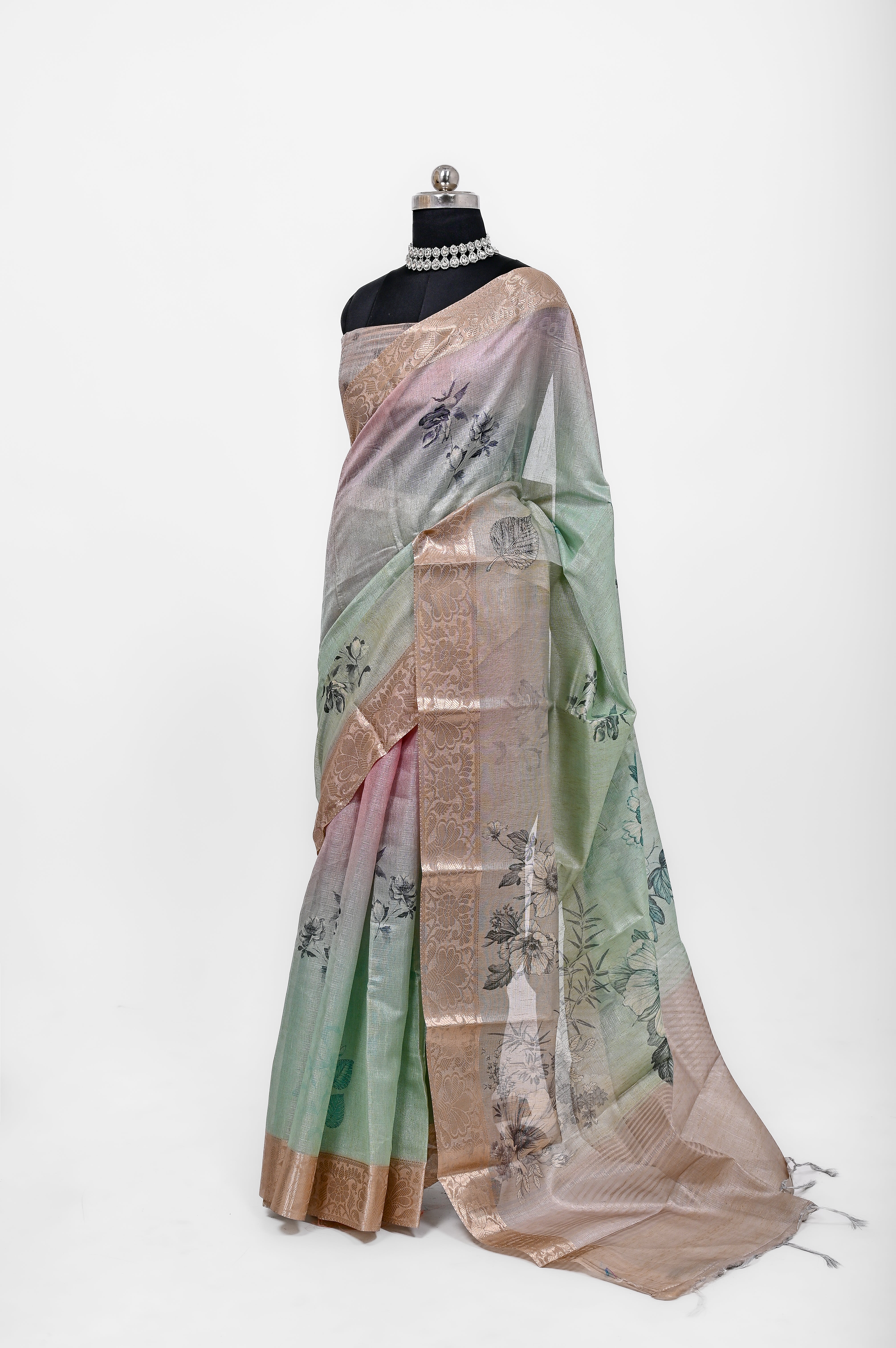Pure Lilen Tissue Silk Digital Print Saree Pista & Pinkish