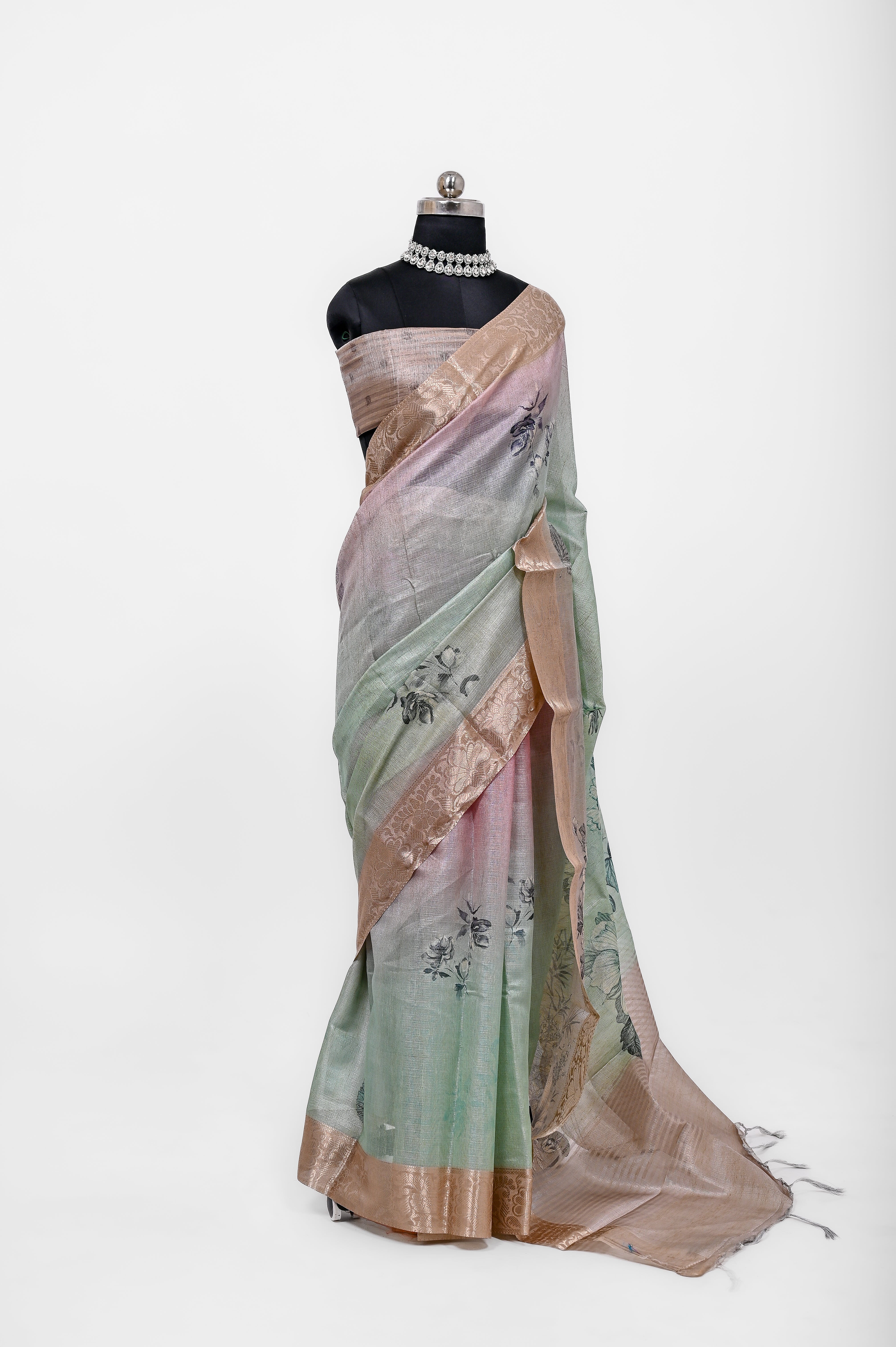 Pure Lilen Tissue Silk Digital Print Saree Pista & Pinkish