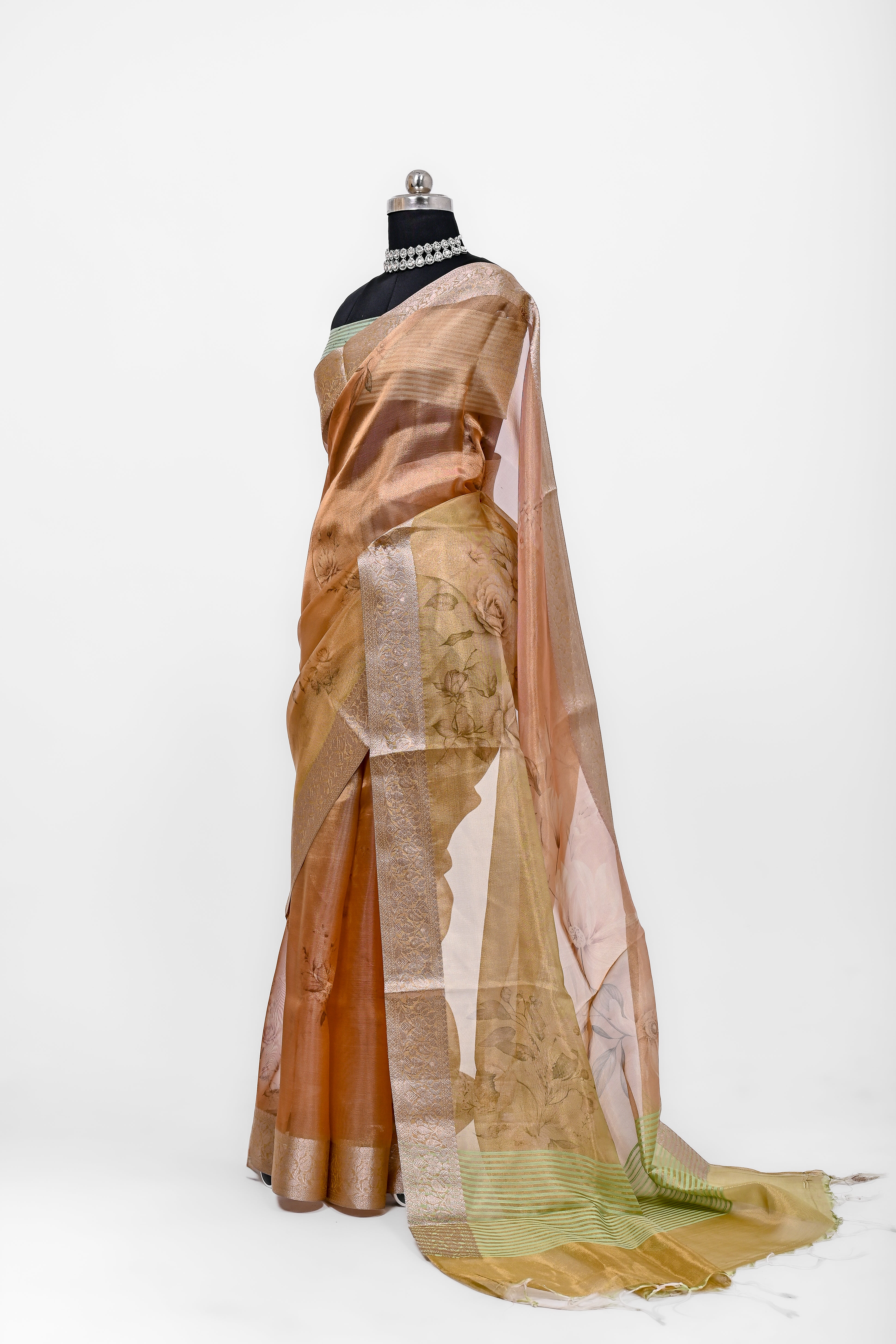 Pure Banarsi Tissue Silk Digital Print Saree Double Mix Shadow