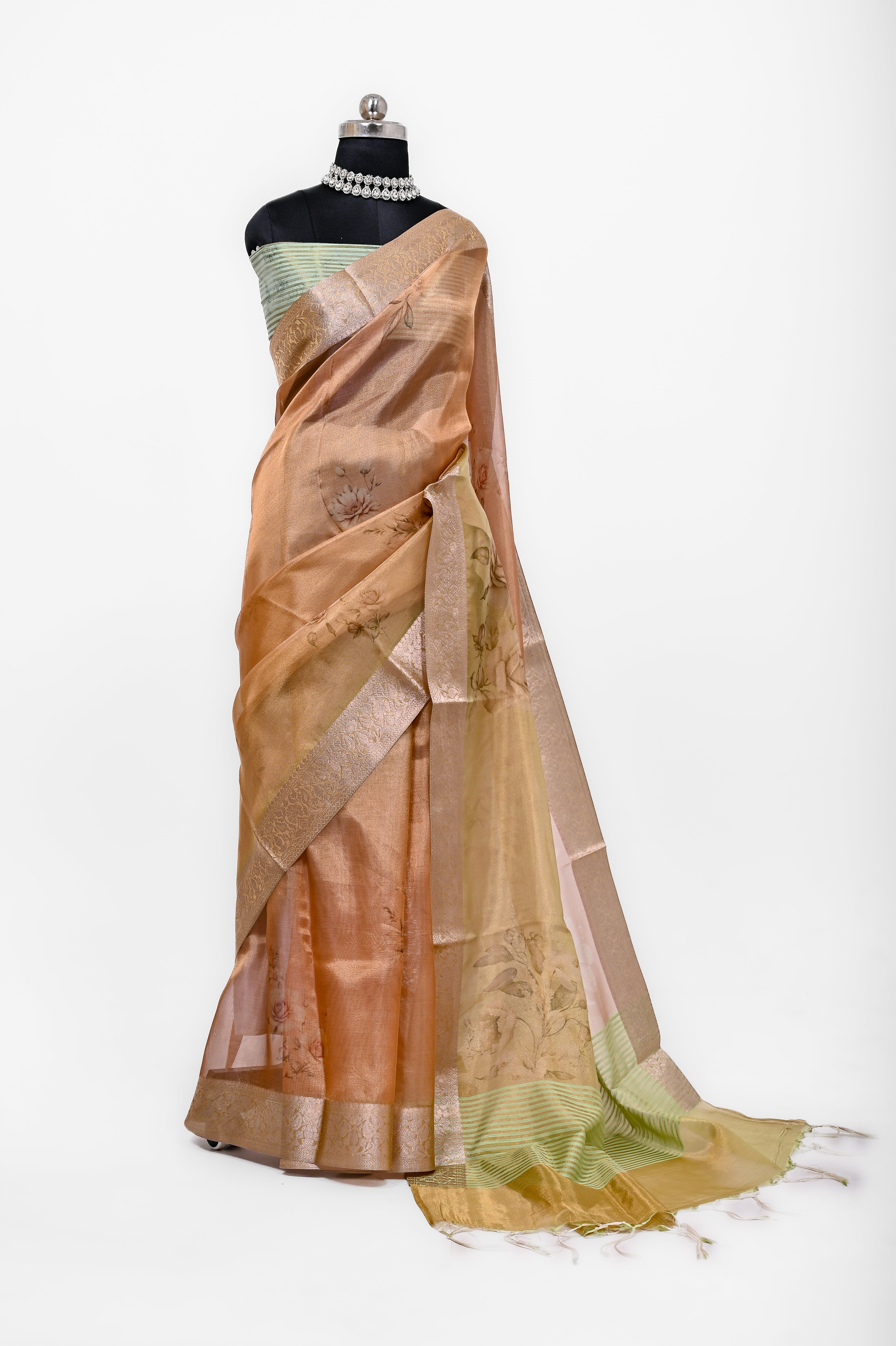 Pure Banarsi Tissue Silk Digital Print Saree Double Mix Shadow
